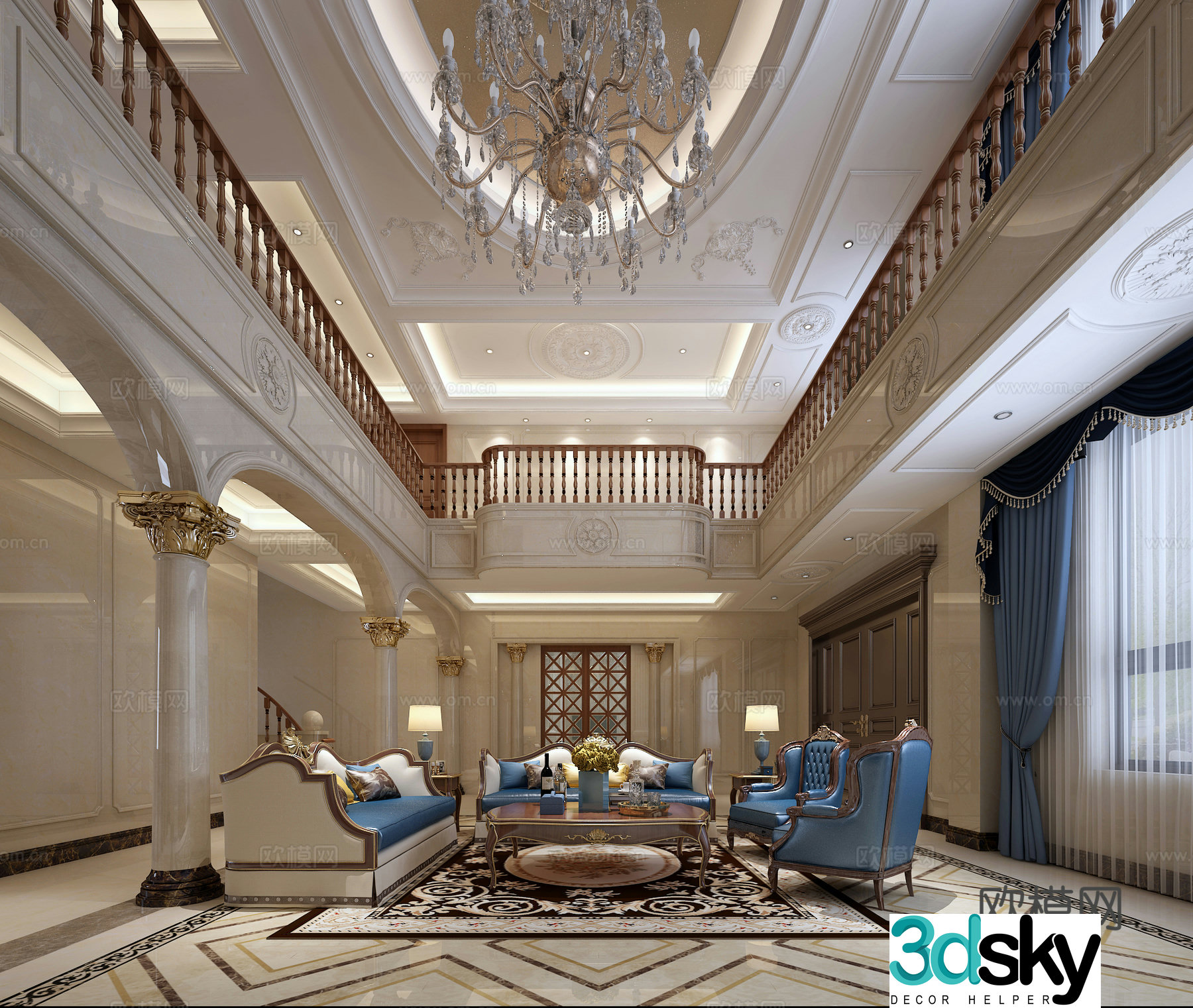 European classical European living room sofa Roman column chandeliers railing curtains carpet 3d model