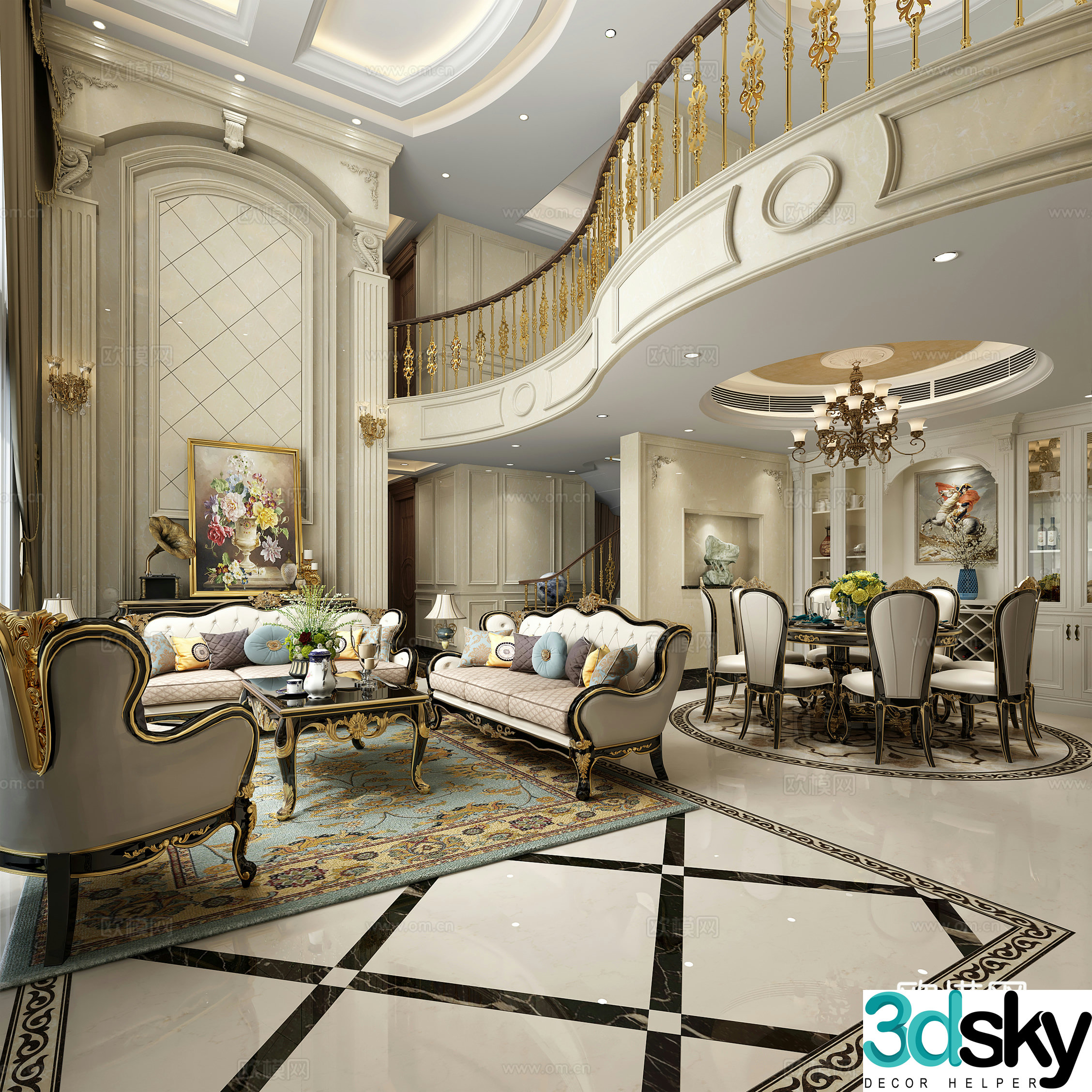 Simple European European style villa living and dining room 3D model