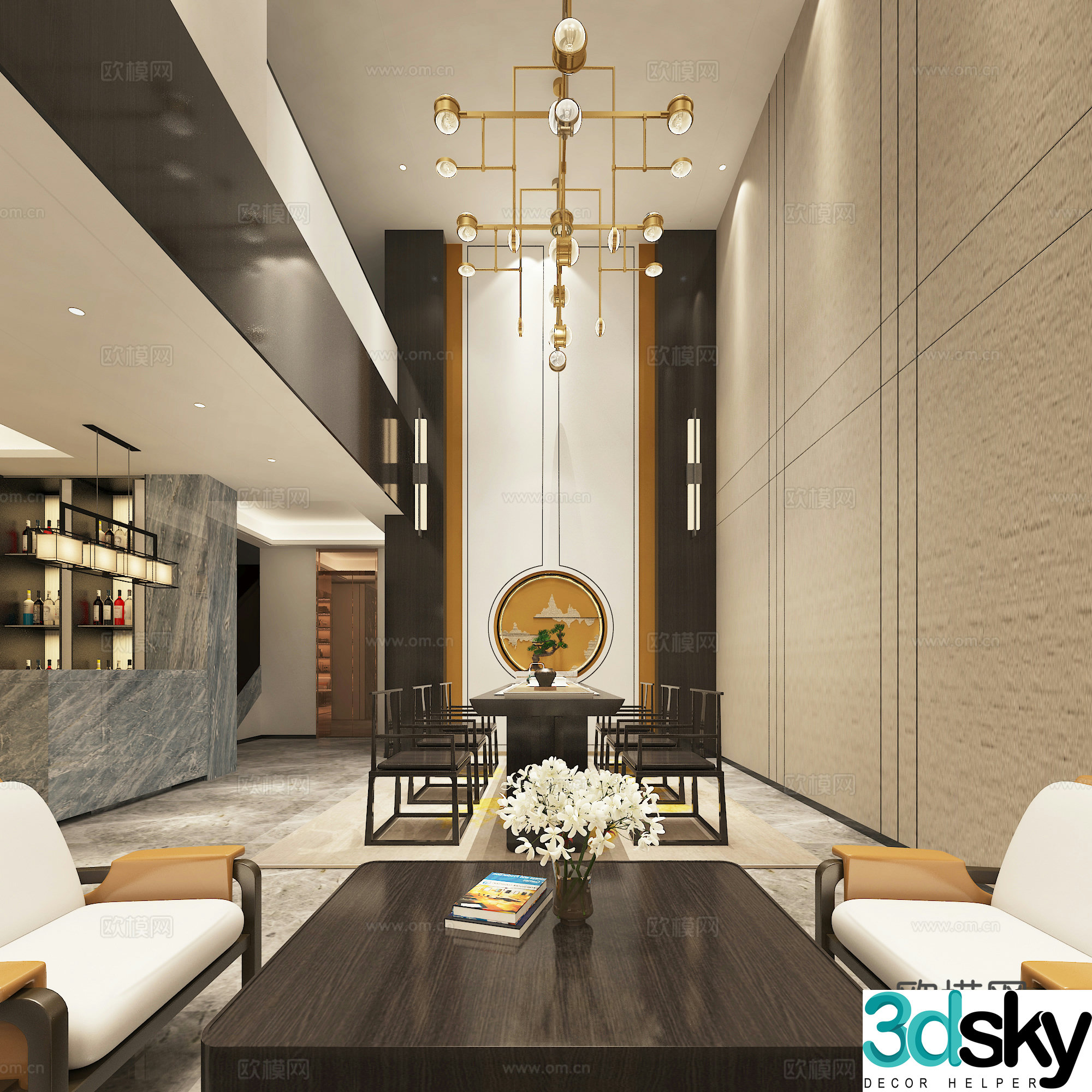 New Chinese style underground air-picking hall 3D model