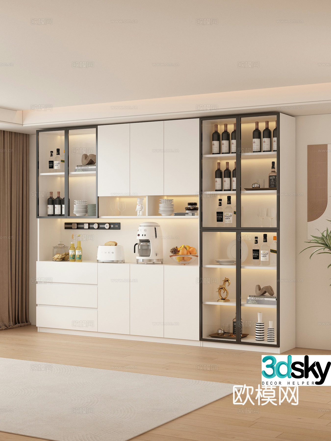 Creamy style entrance cabinet sideboard fruit socket bread machine wine kitchen supplies 3d model 3d model