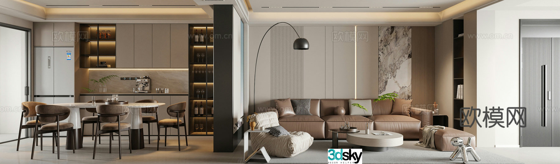 Italian light luxury living restaurant 3D model