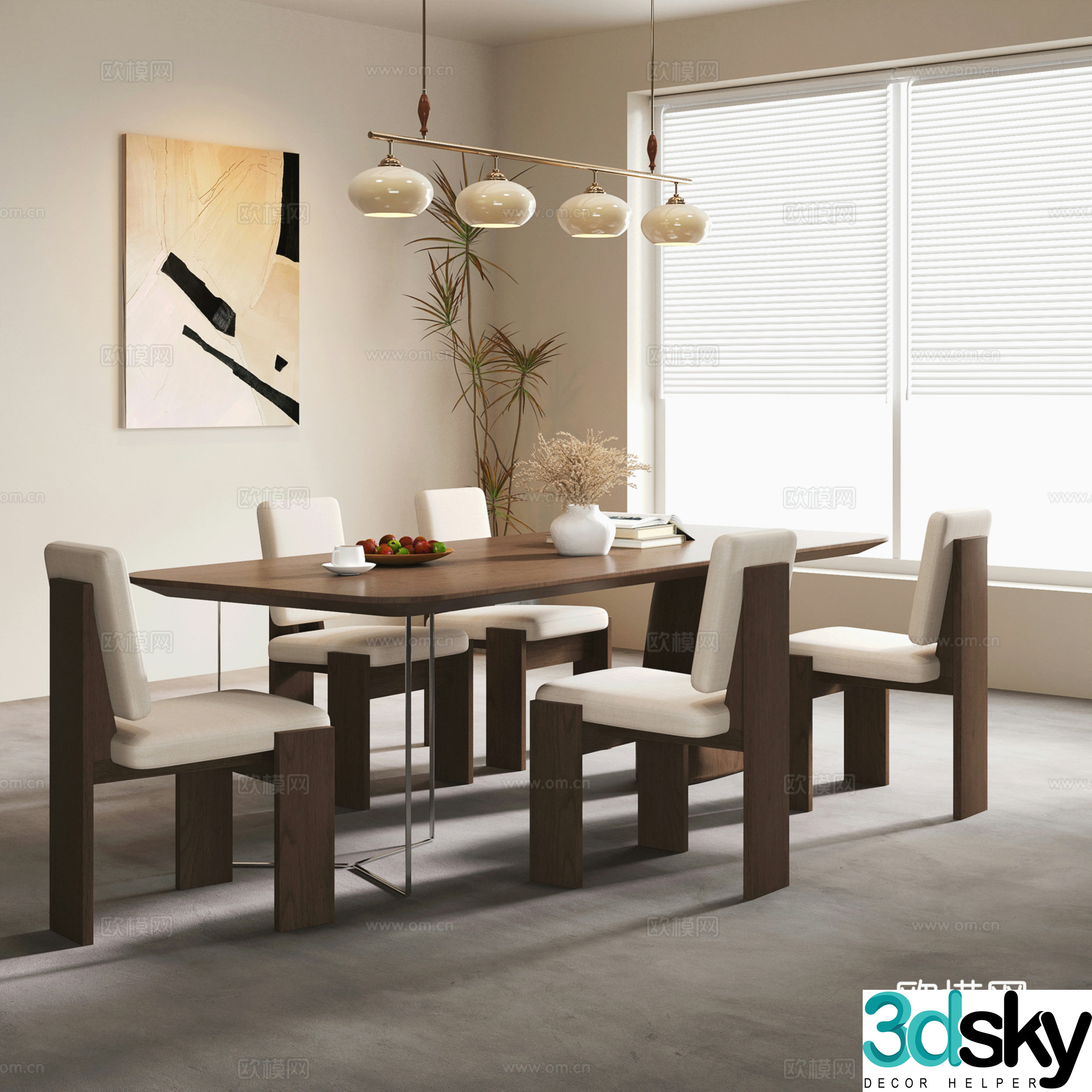Middle style dining table and chair chandeliers decorative painting 3d model