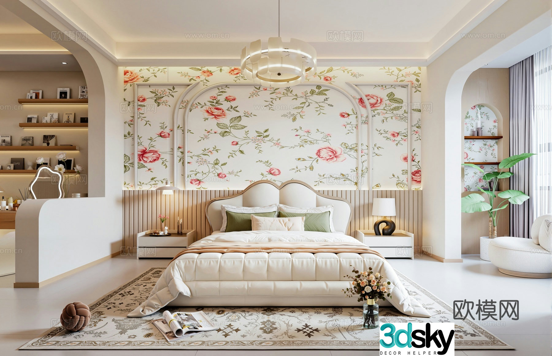 French style bedroom with cloakroom bedside background wall double bed cloakroom chandeliers balcony lazy 3d model