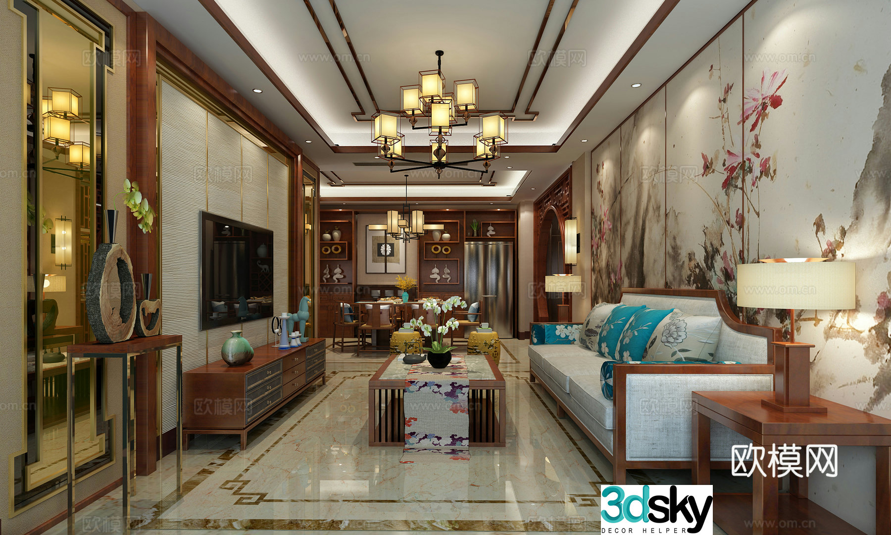 New Chinese style Chinese villa New Chinese style villa Chinese sofa Chinese style dining table Chinese chandeliers 3D model