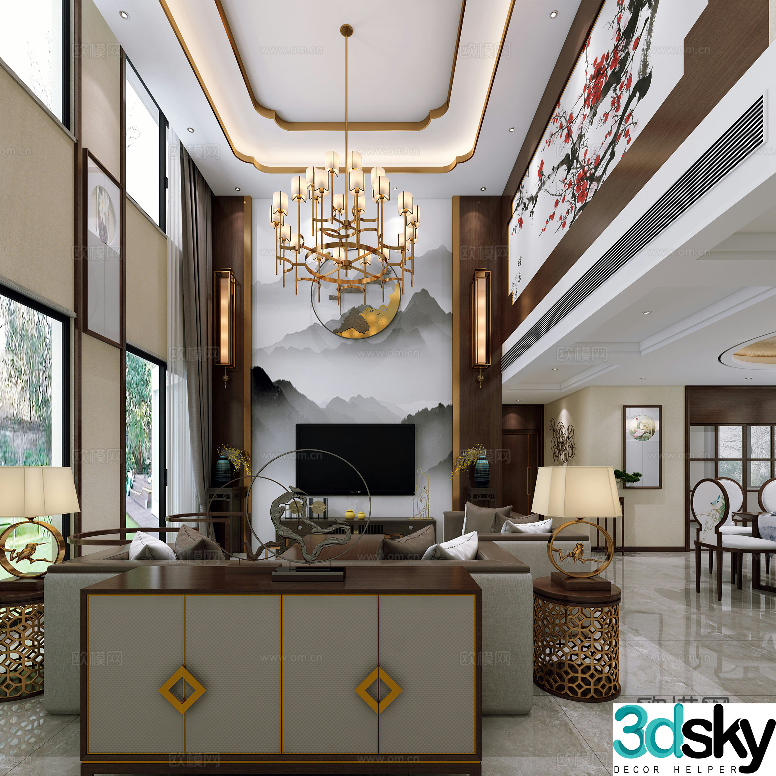 New Chinese style villa living room 3D model