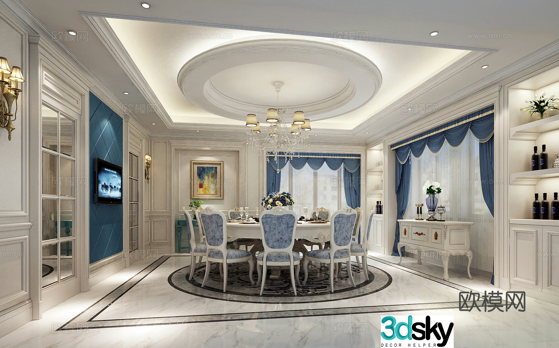 European classical restaurant dining table chandeliers wine cabinet decorative cabinet curtain wall lamp 3d model