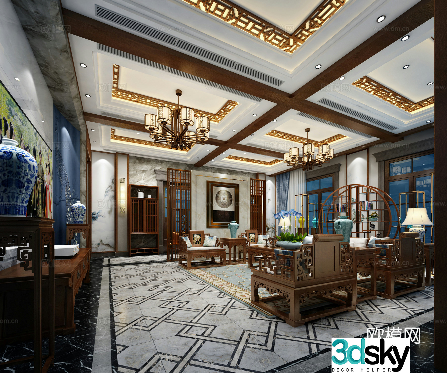 New Chinese style villa living room 3D model