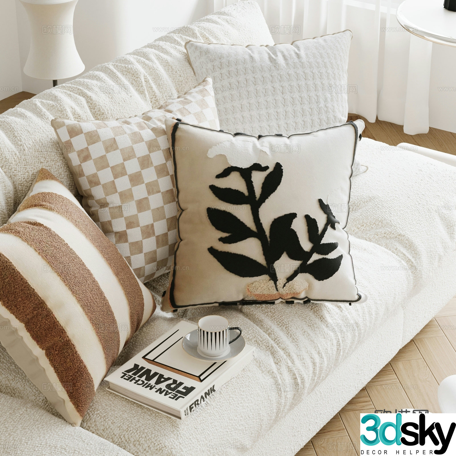 Modern simple pillow sofa pillow books coffee cup 3d model