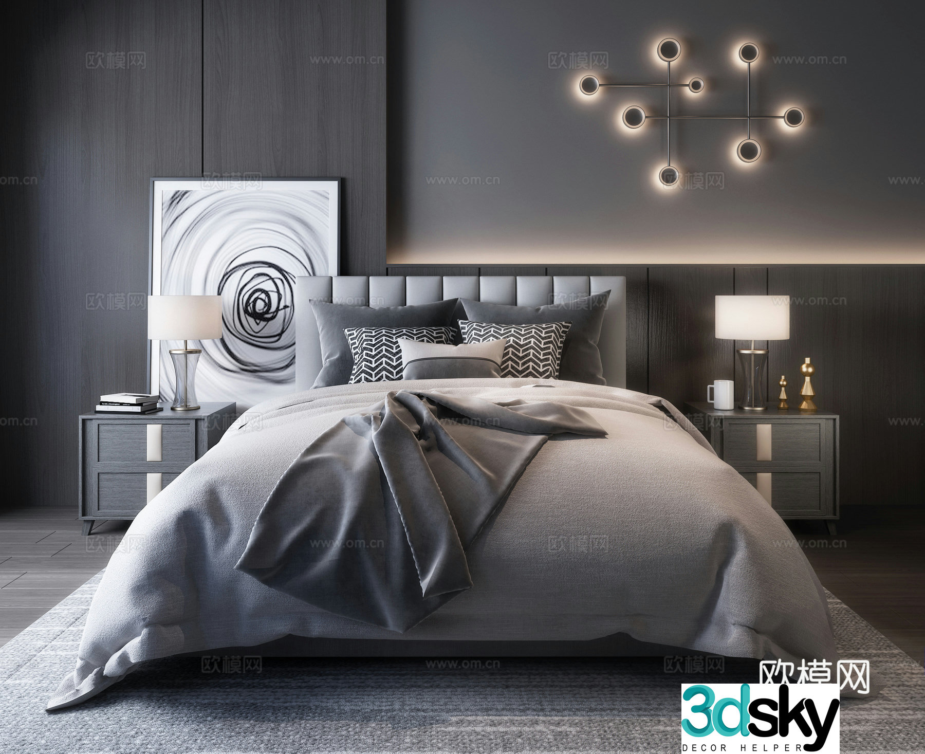 Modern bed nightstand hanging painting pillow 3d model