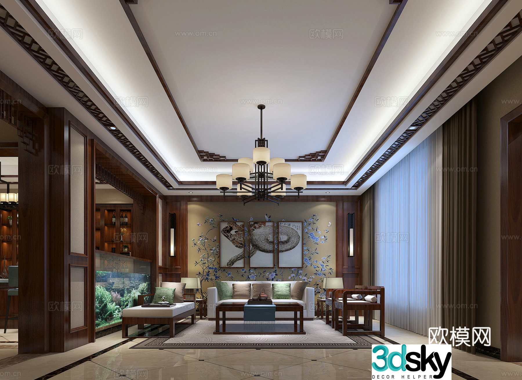 New Chinese style living room sofa carpet chandelier decorative painting fish tank desk lamp coffee table 3D model