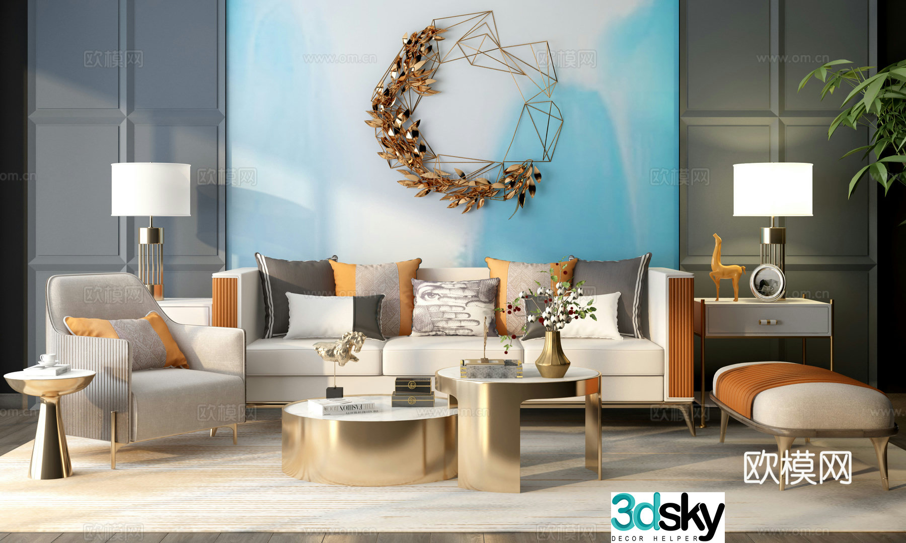 Postmodern new Chinese style light luxury sofa coffee table leisure chair desk lamp ornament 3D model