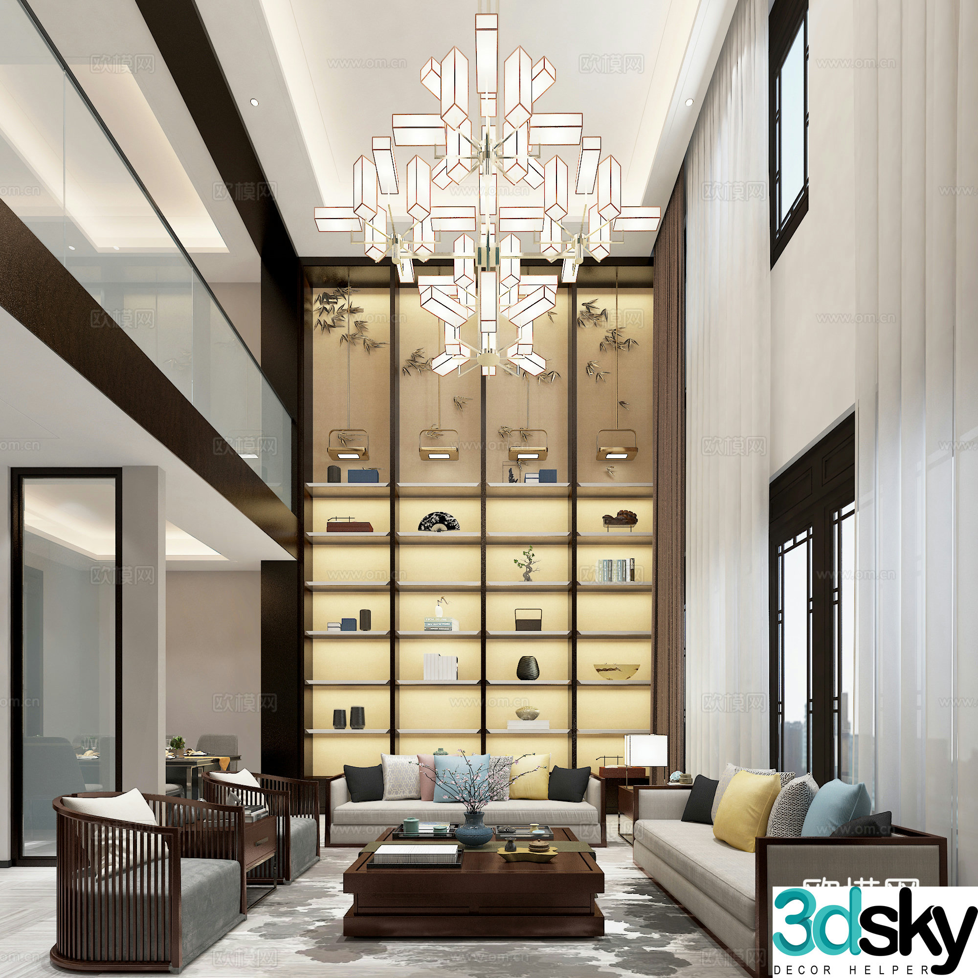 New Chinese style villa empty living room 3D model