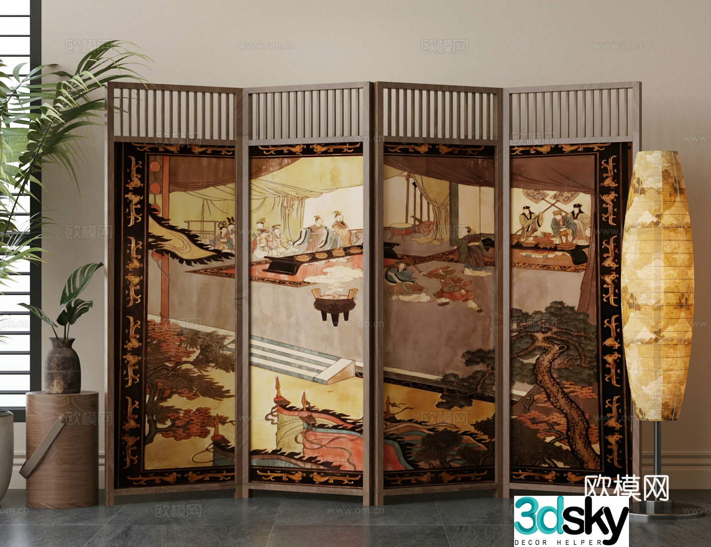 Retro medieval screen medieval screen new Chinese screen banner screen screen partition 3d model