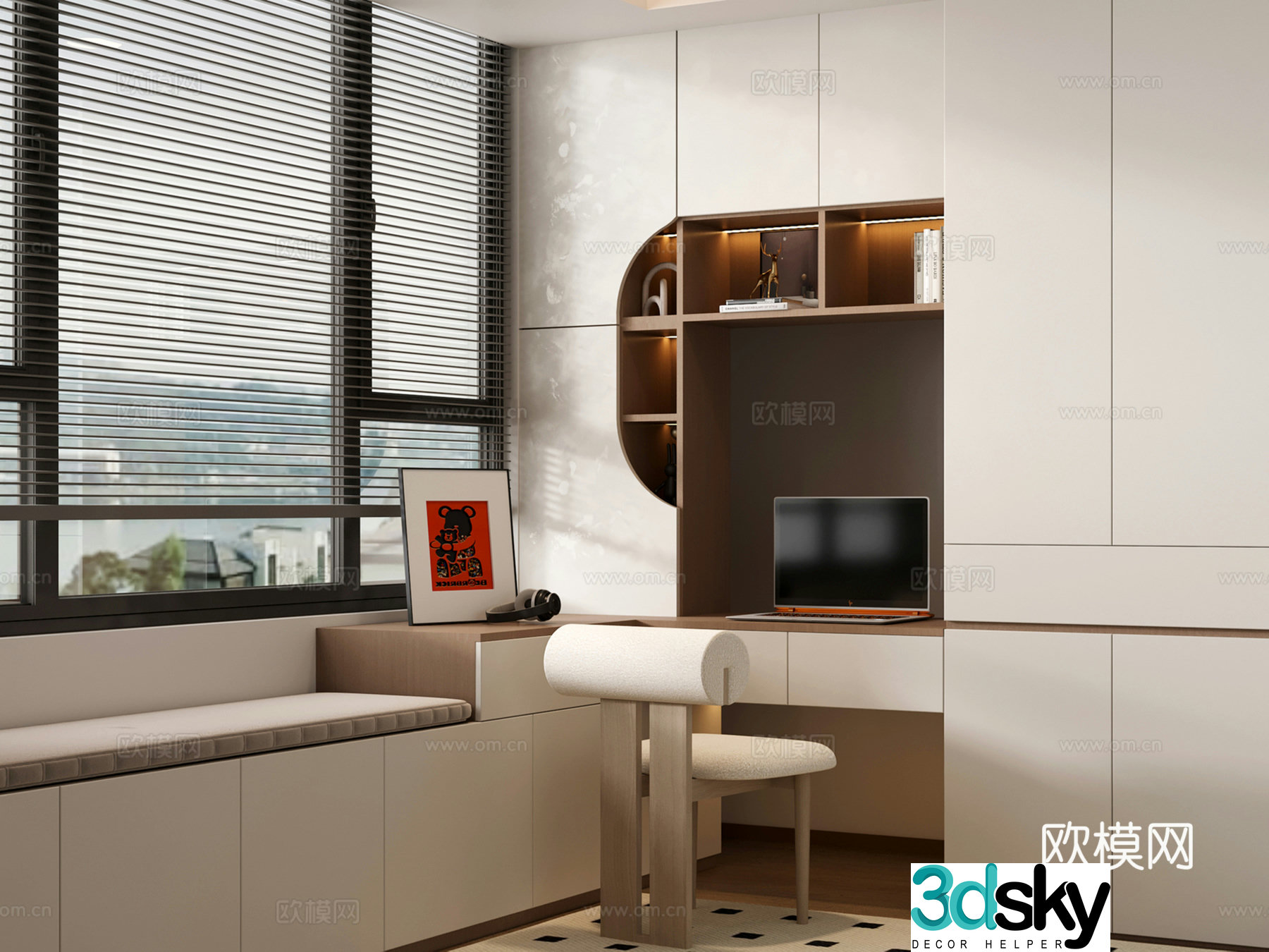 Bath window writing cabinet learning table and wardrobe integrated single chair leisure chair 3d model