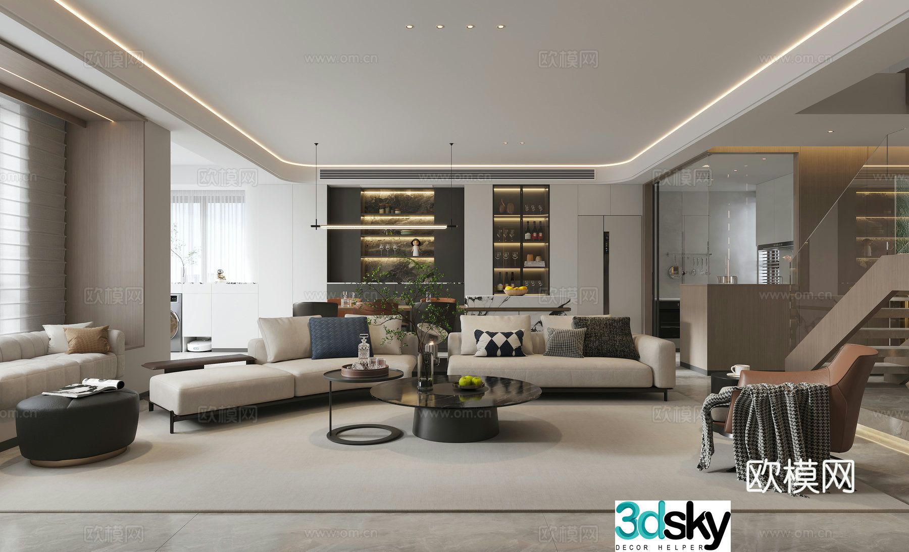 Modern light luxury living and dining room 3D model