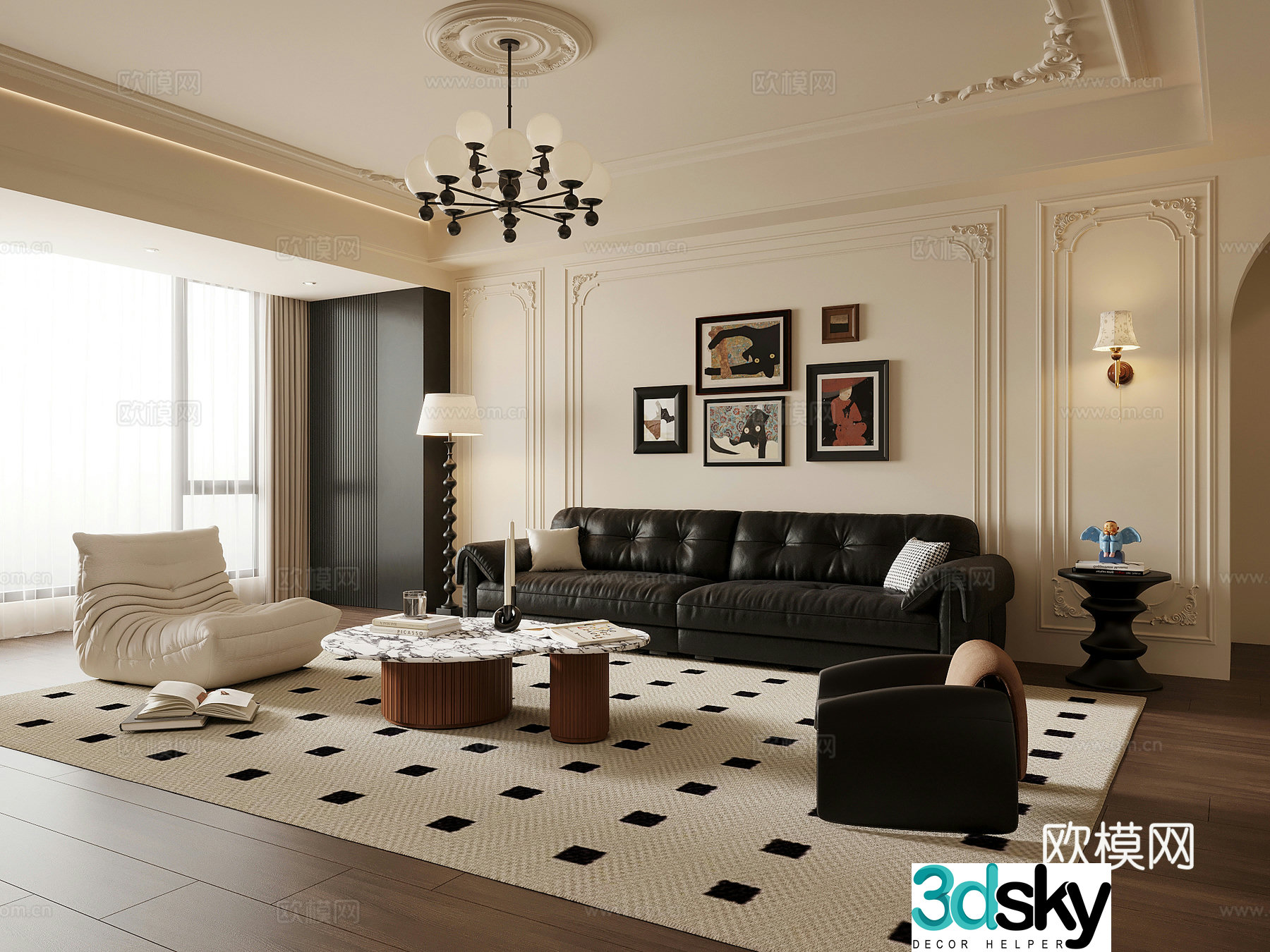Living room French retro style living room Sofa background wall Sofa coffee table combination Floor lamp 3d model