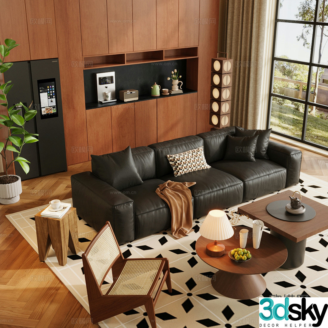 Medium retro sofa combination black leather sofa living room sofa coffee table combination multi-person sofa 3D model