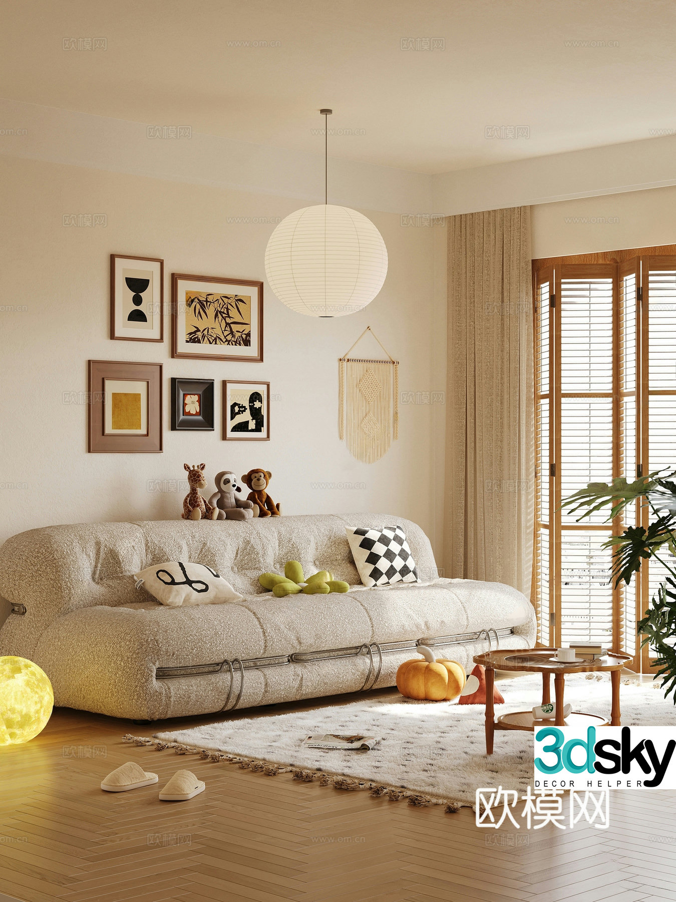 Modern cream three-person sofa casual sofa sofa coffee table combination photo wall 3d model