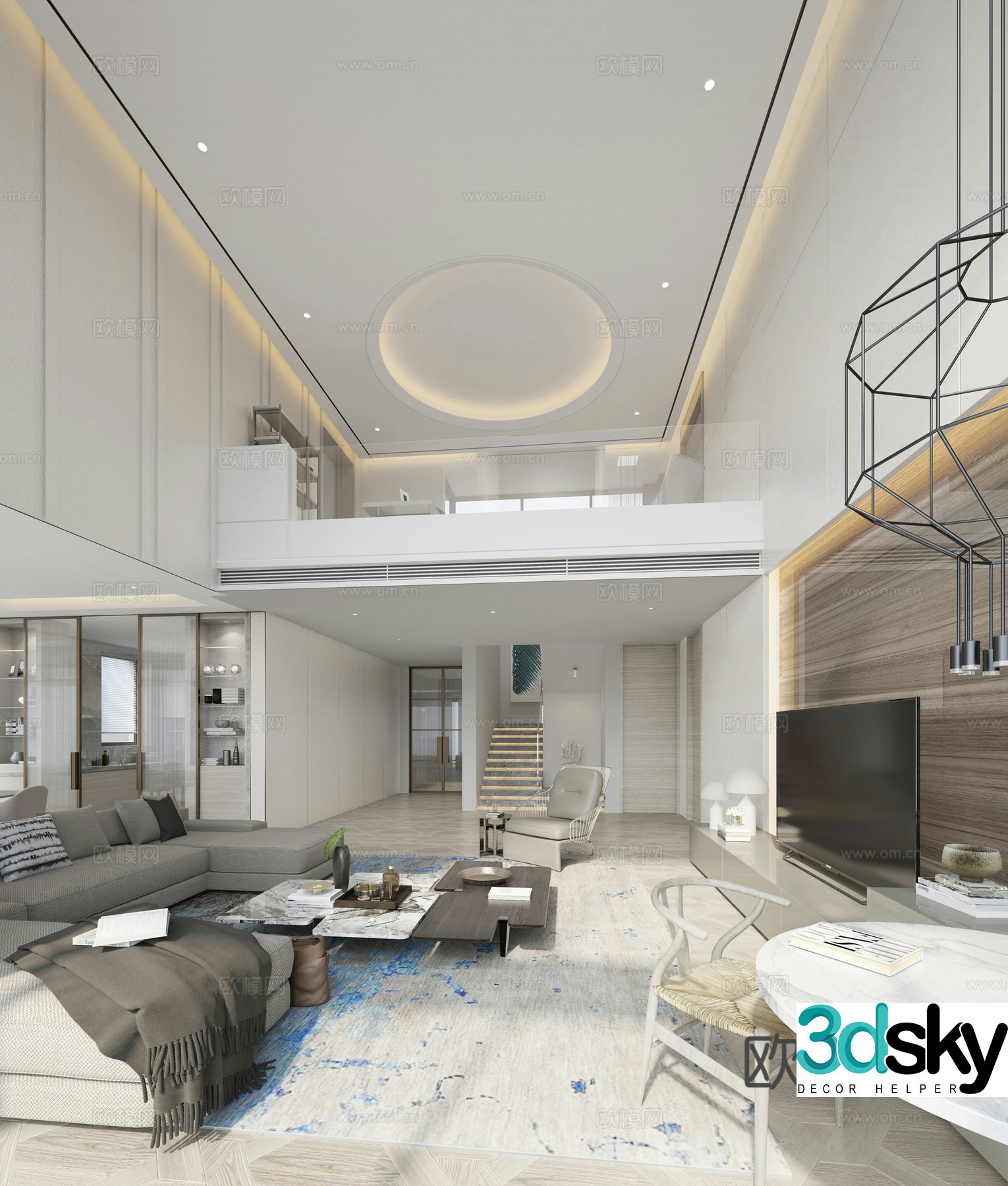 Modern villa living room dining room sofa chandeliers dining table and chair 3d model