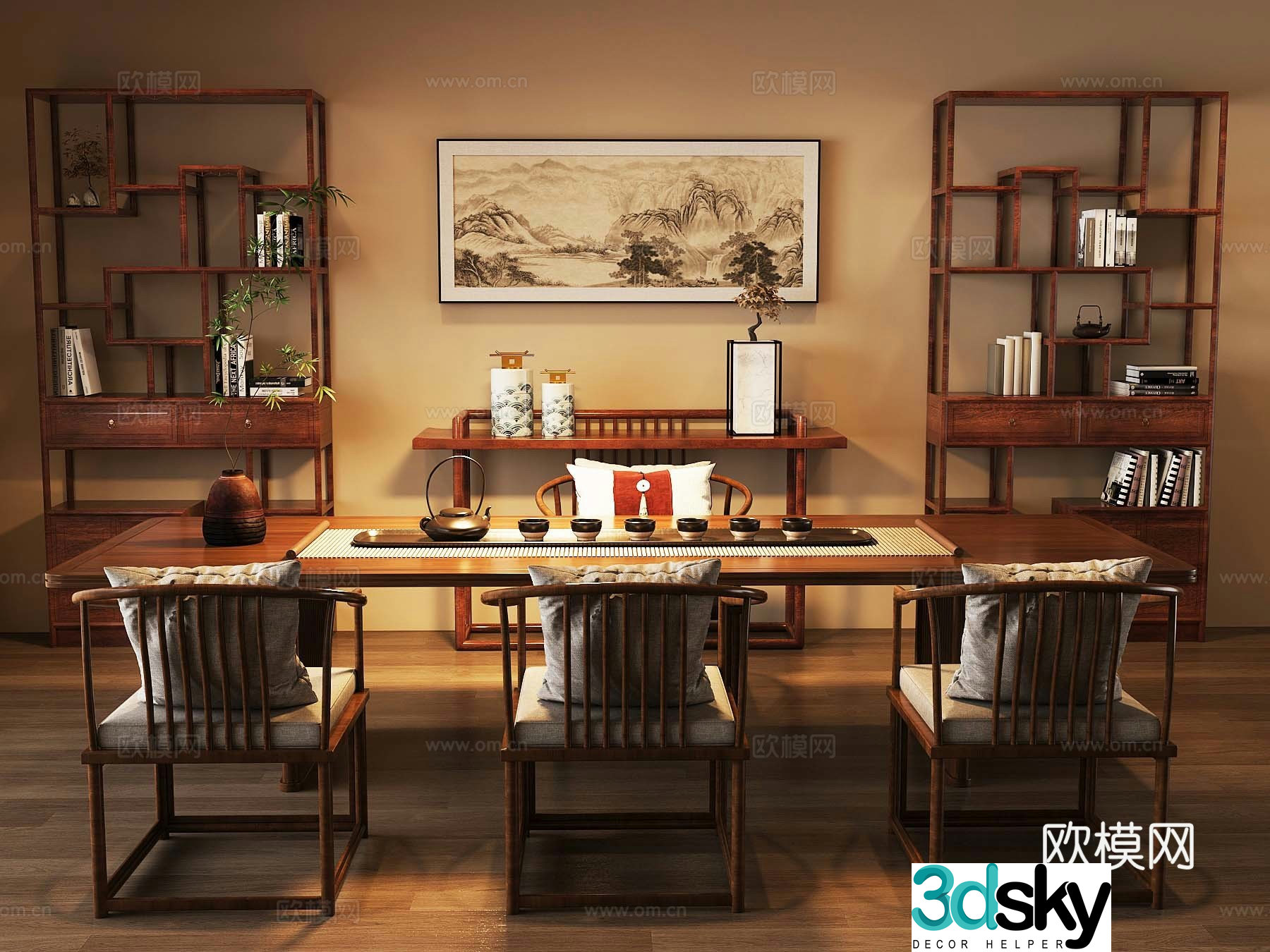 New Chinese-style tea room solid wood tea table and chair ancient shelf tea set 3D model