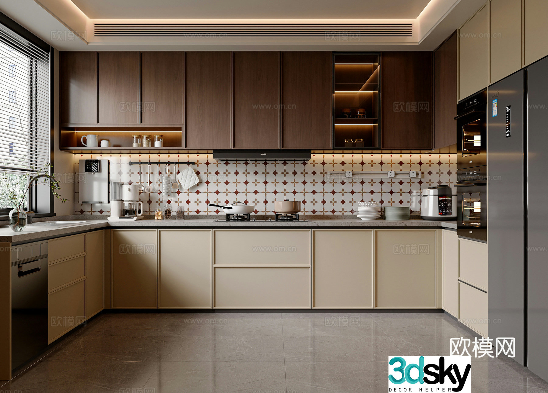 Modern medieval style kitchen cabinet kitchen utensils kitchen appliances stove refrigerator 3d model