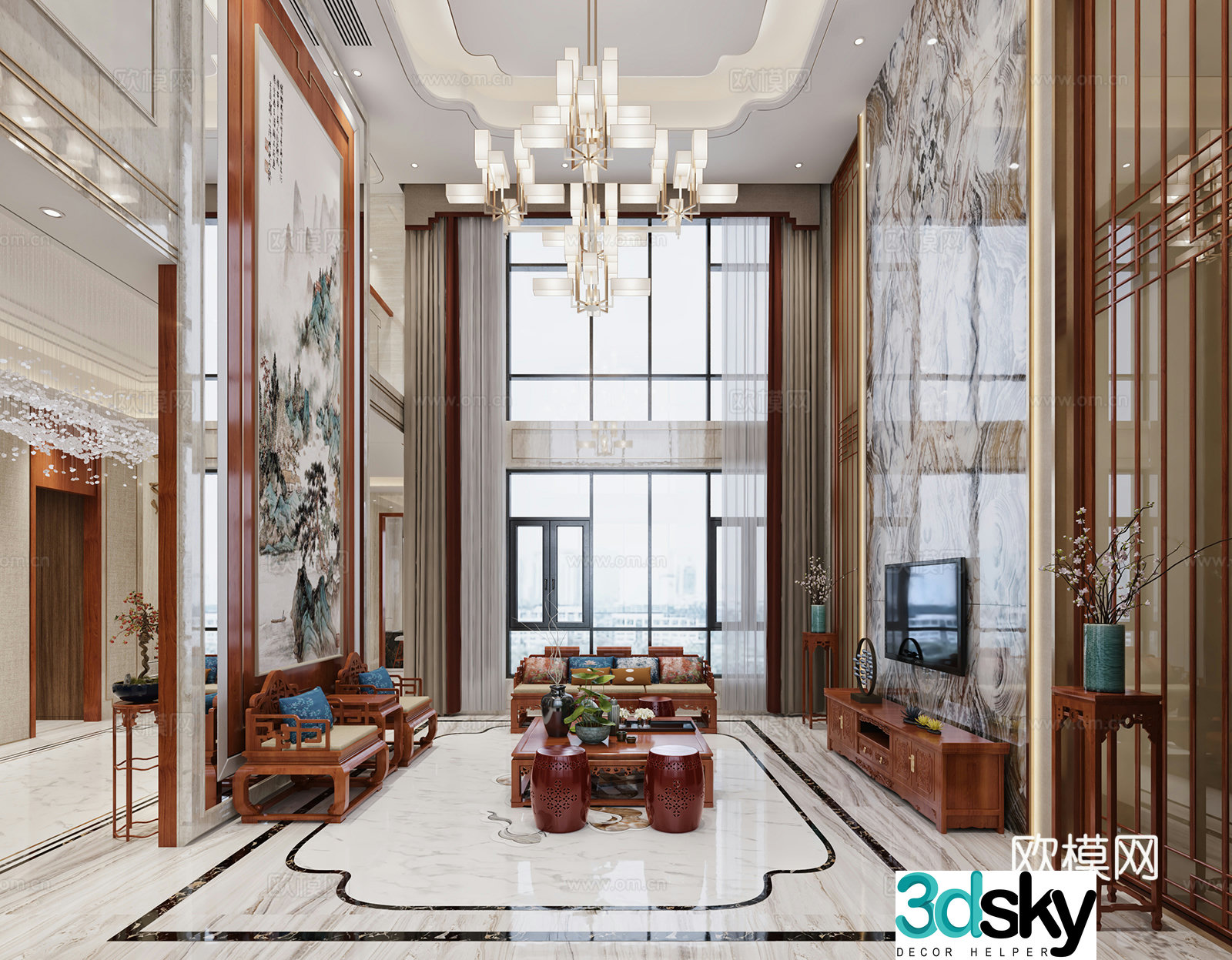 New Chinese style villa living room entrance entrance sofa group chandelier water view 3D model combination 3D model