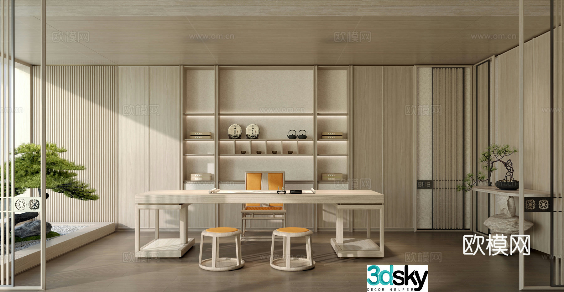 Song’s aesthetic tea room study room new Chinese style screen partition tea table desk chair pine tree 3D model