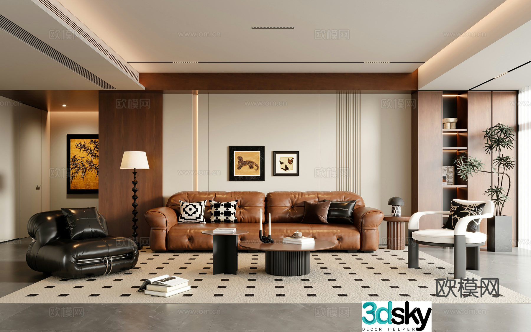 Modern medieval living room sofa coffee table multi-person sofa leisure chair floor lamp painting floor 3D model