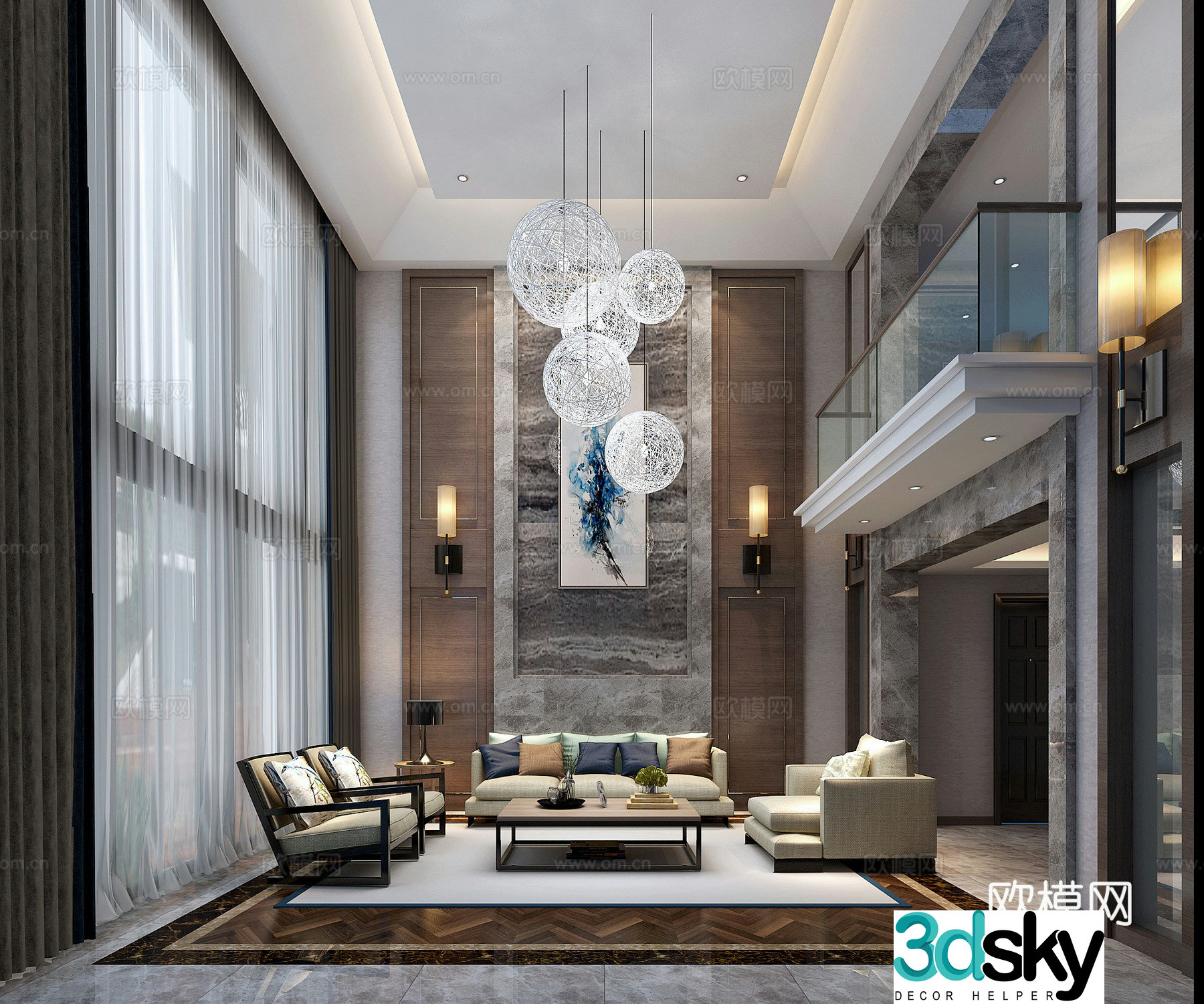 Modern living room sofa carpet coffee table decorative painting chandelier wall lamp 3d model
