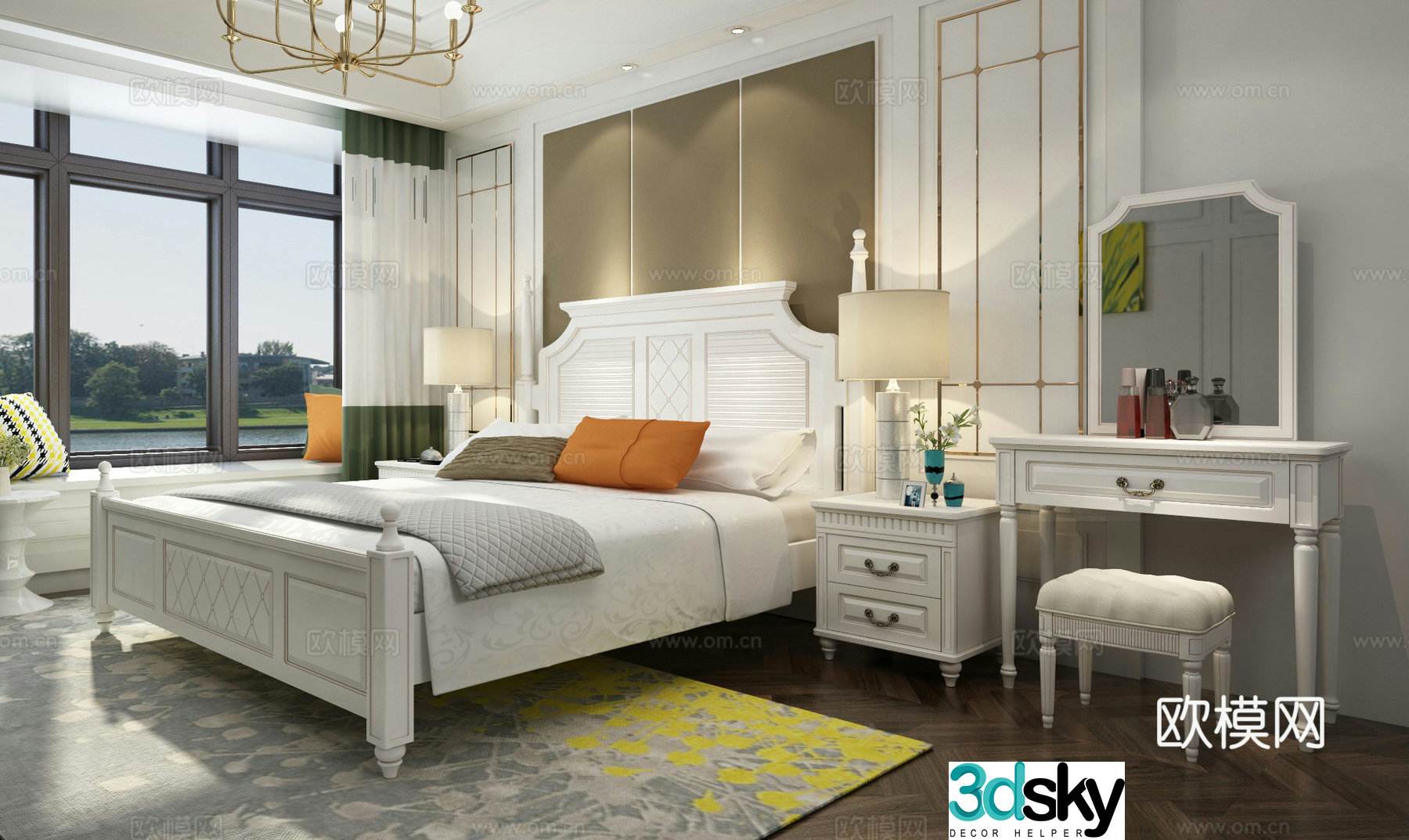 American pastoral suite furniture bed set dressing table 3D model