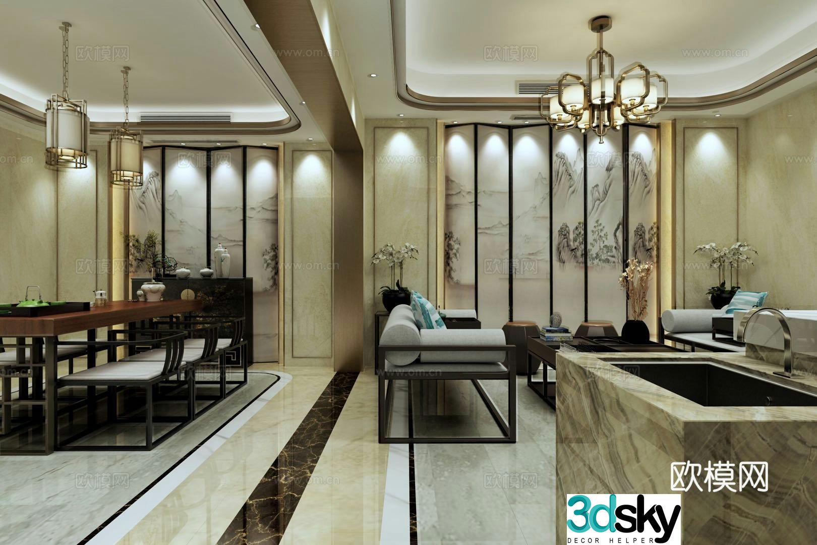 New Chinese style villa tea room wine cellar 3D model