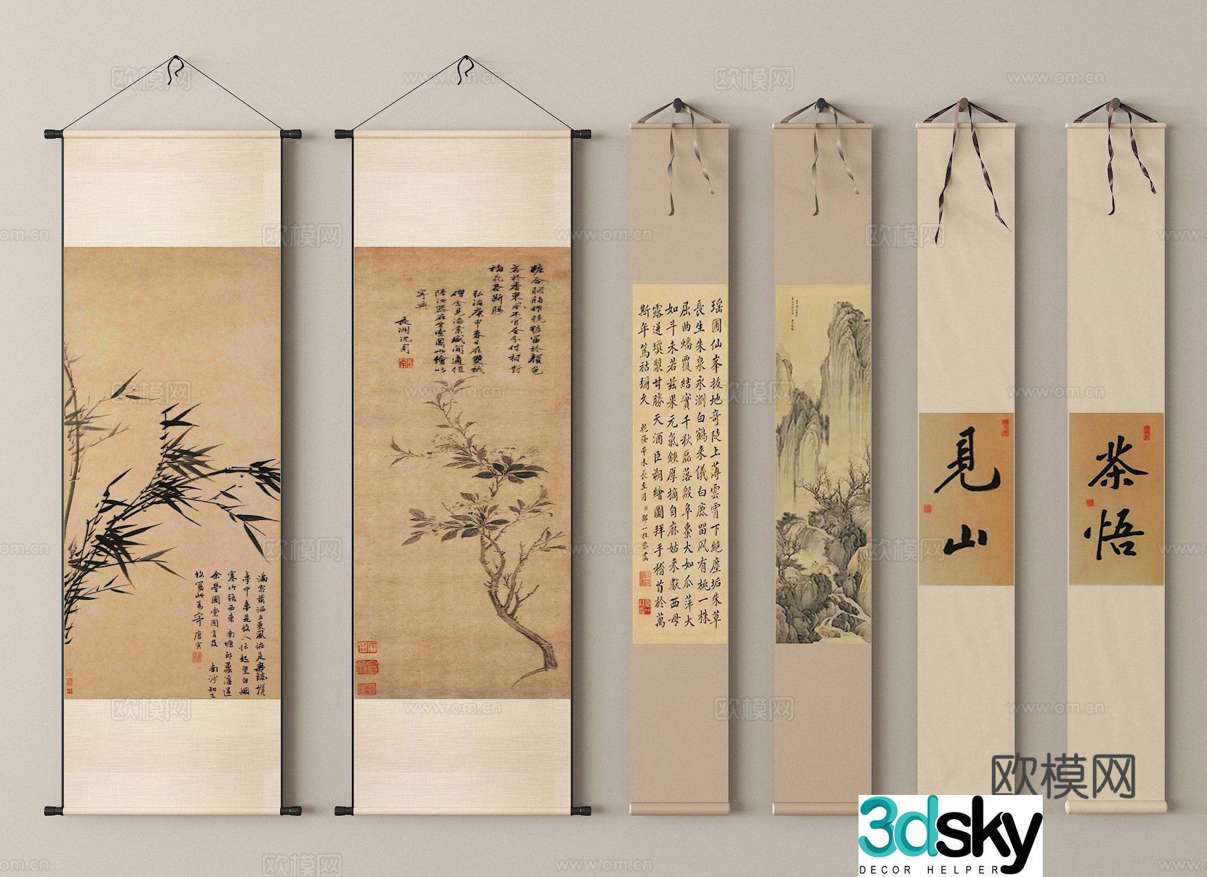 Chinese ink painting calligraphy and painting Chinese painting scroll painting hanging painting combination brush calligraphy 3D model