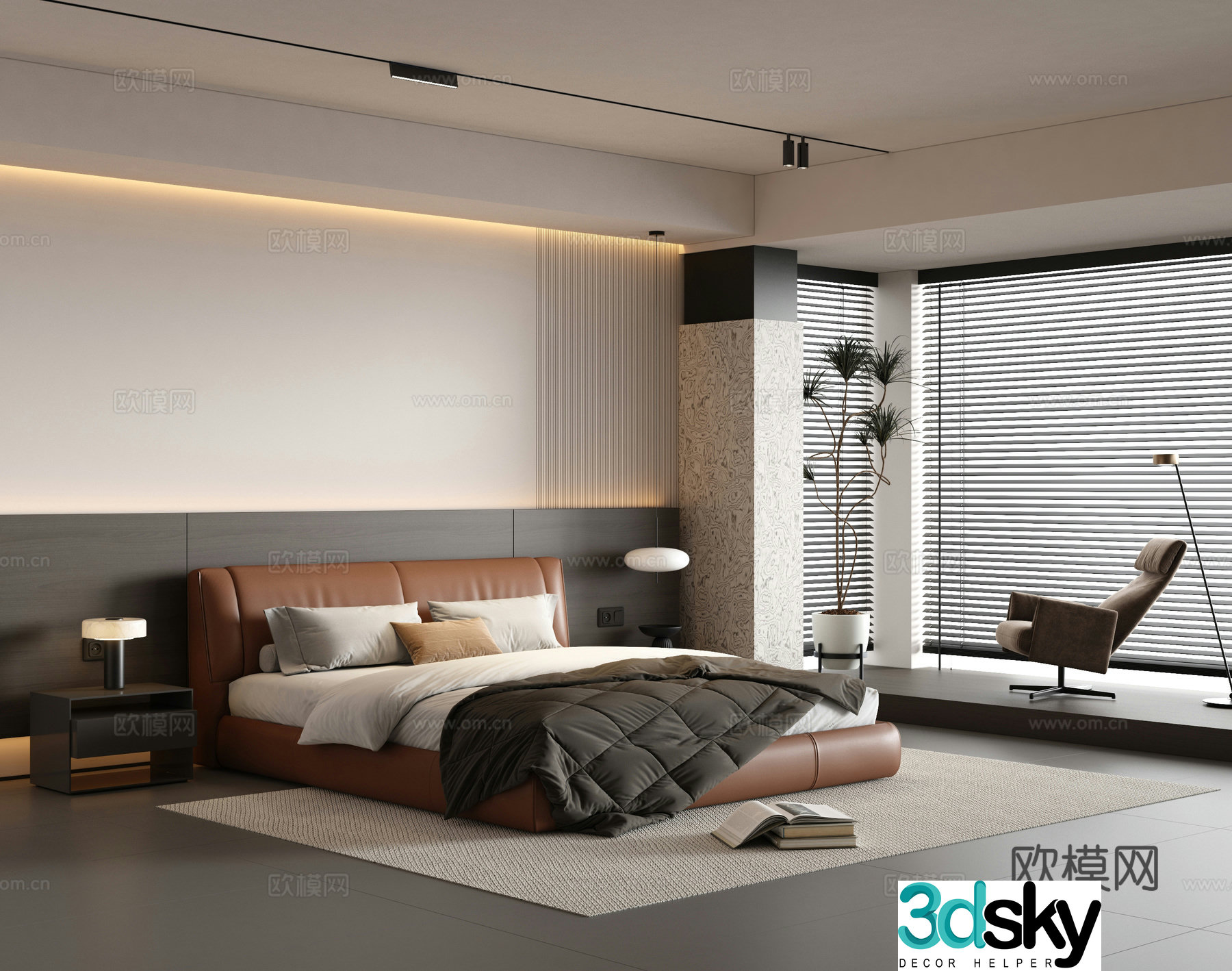 Italian minimalist bedroom bay window bedroom master light 3D model