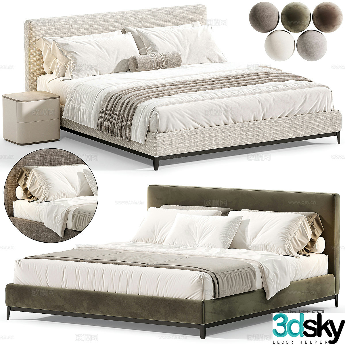 Modern Italian cream style fabric double bed 3d model