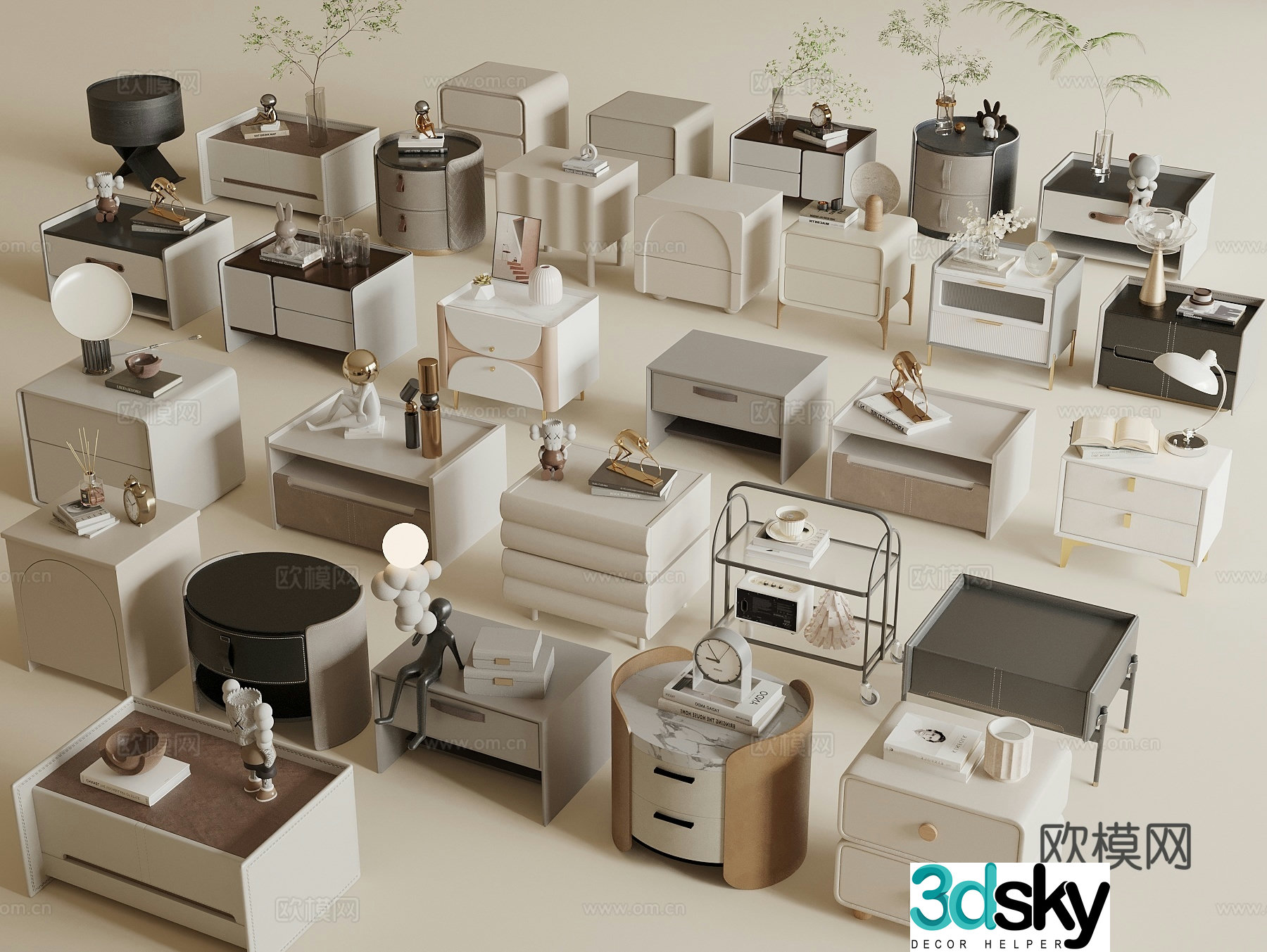 Modern bedside table Creamy wind bedside table 3d model
