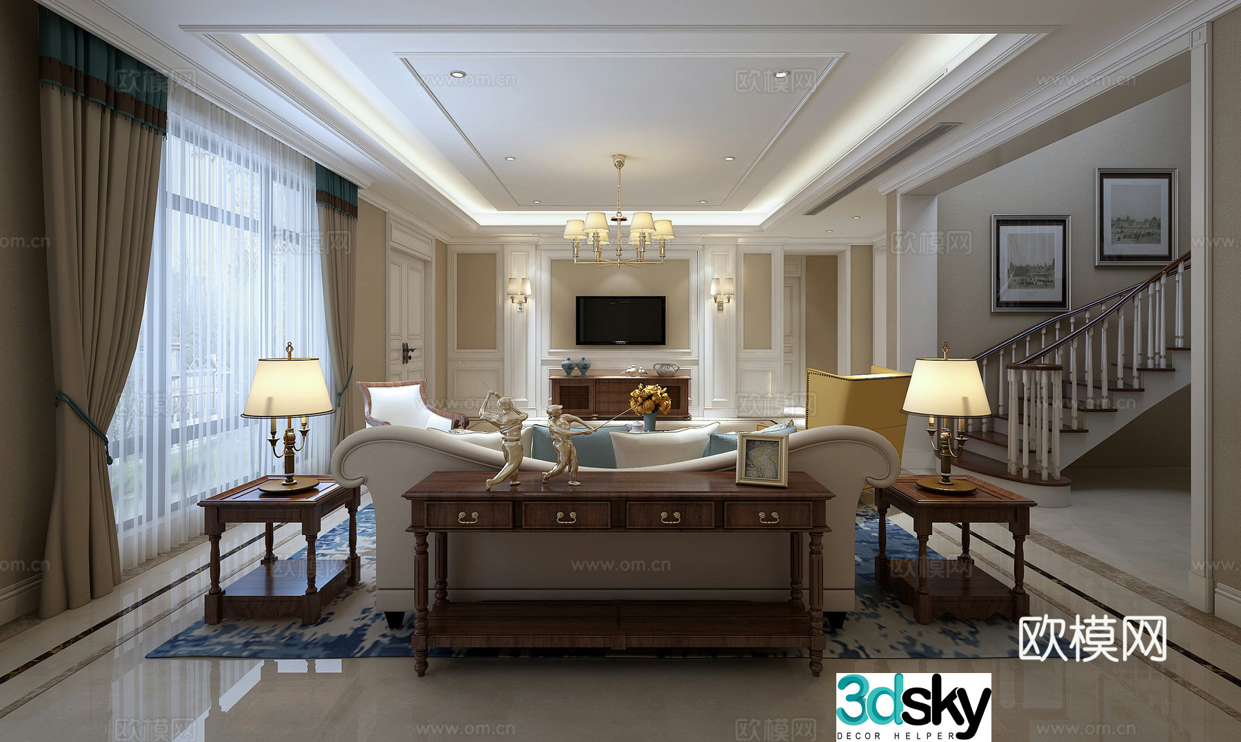 American living room sofa chandeliers wall light stairs carpet 3d model