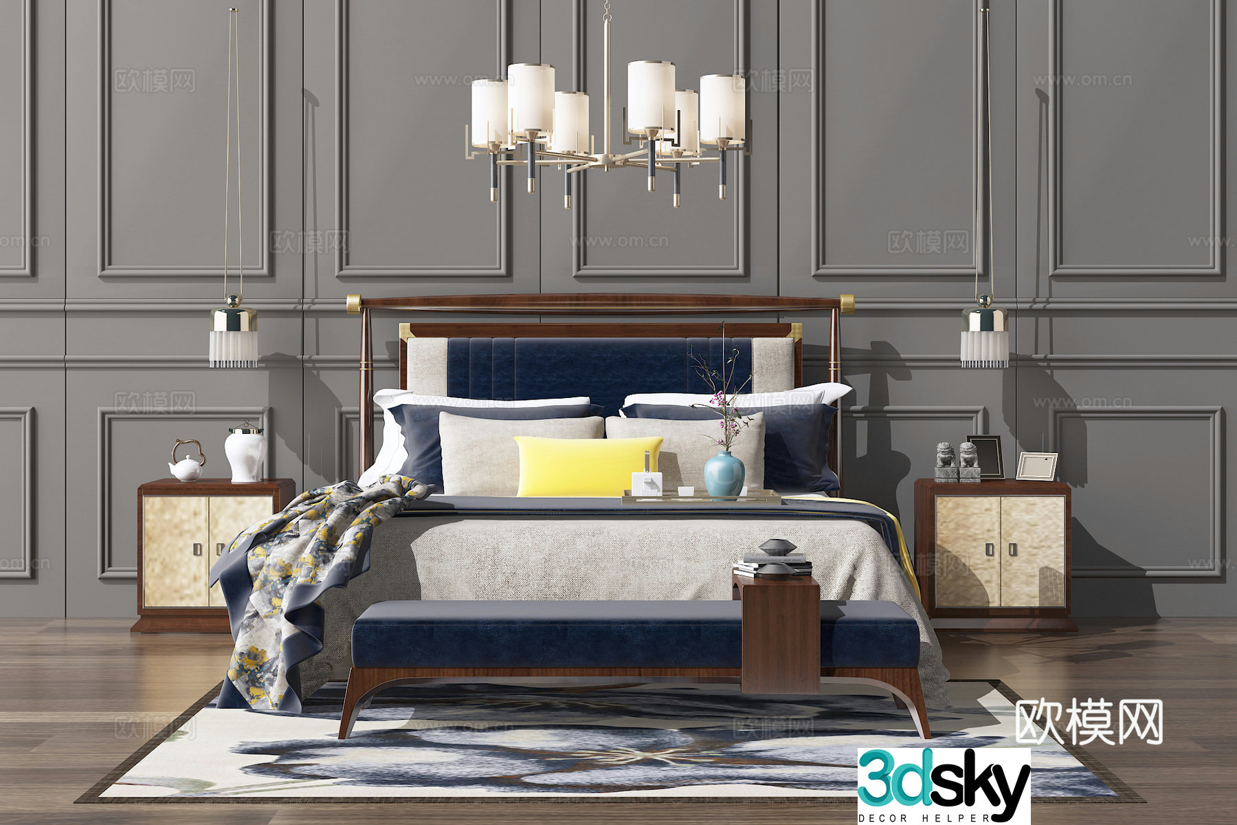 New Chinese-style solid wood double bed chandeliers combination 3D model