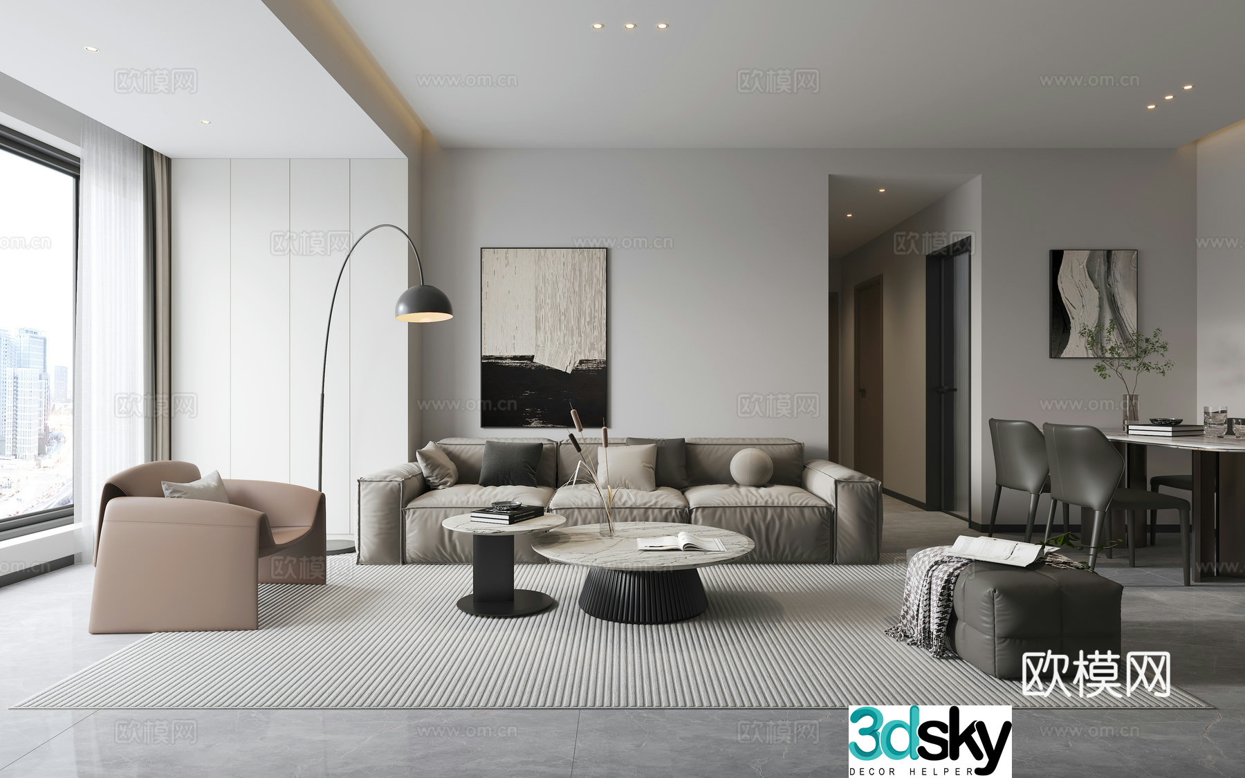 Modern living and dining room 3d model
