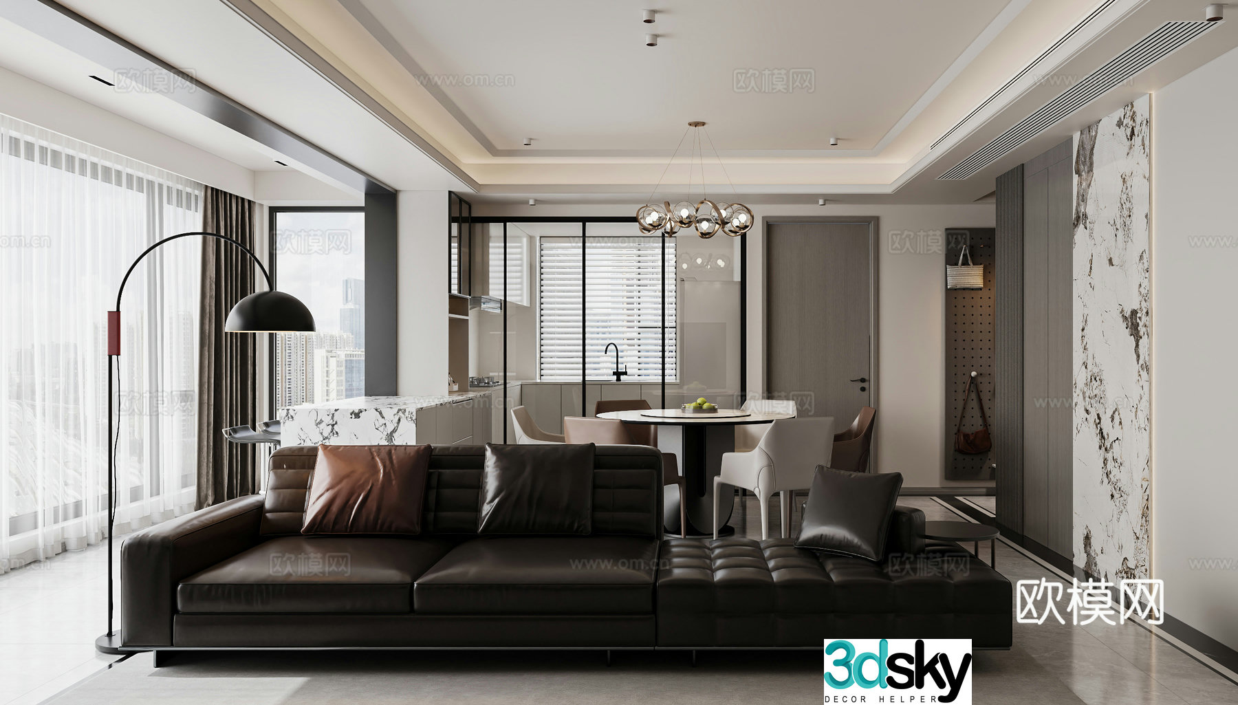 Modern light luxury living and dining room 3D model