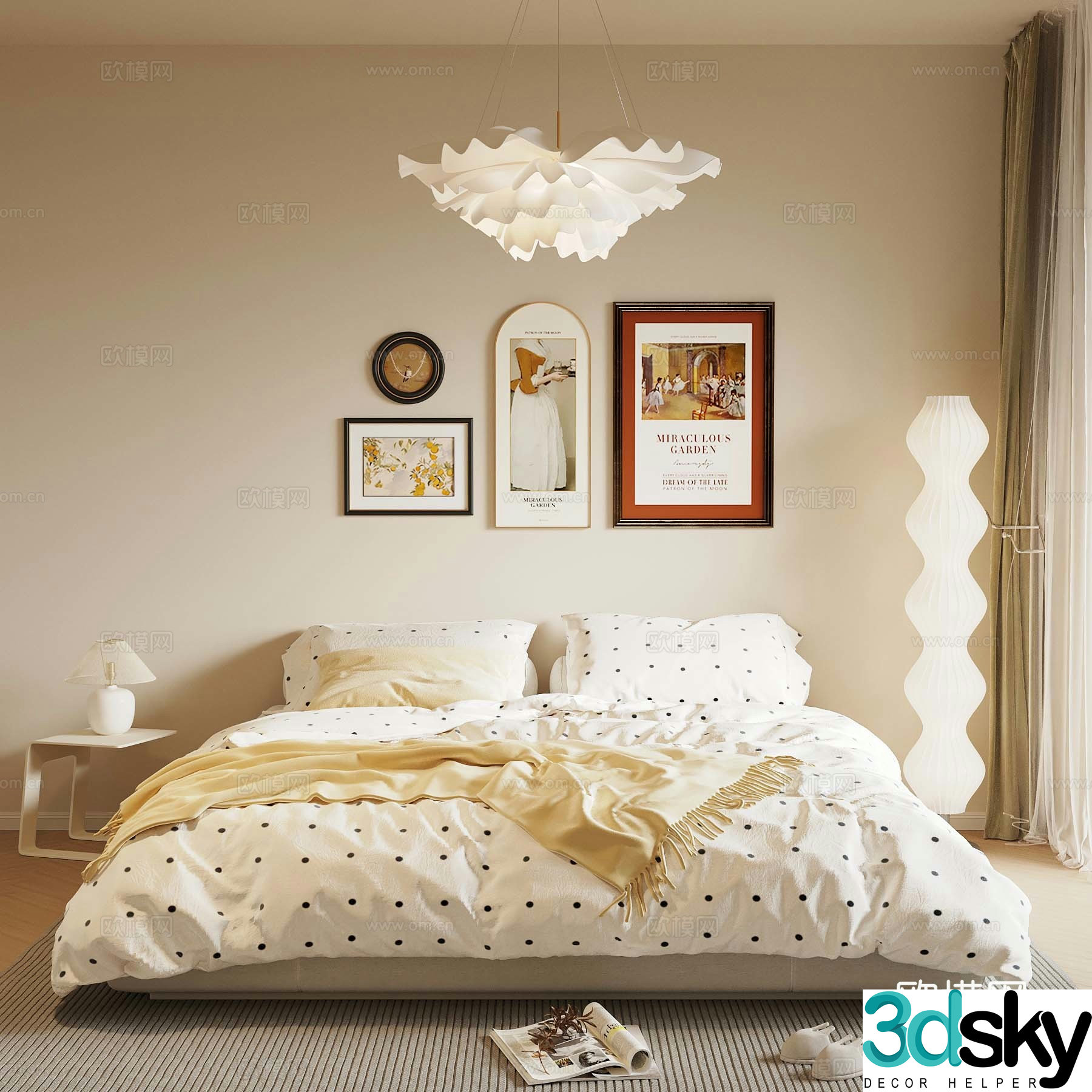 Creamy Bedroom Bedding Combination Double Bed 3D Model