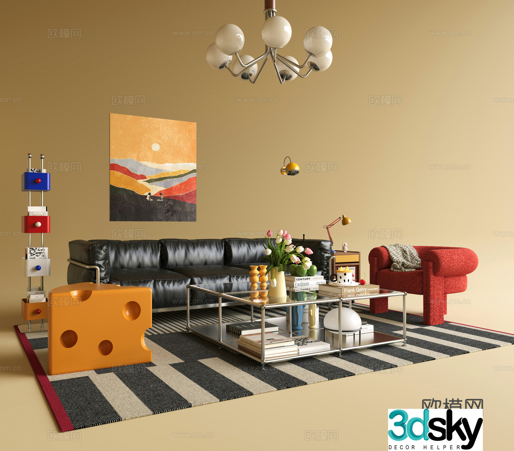 Bauhaus living room sofa and coffee table combination chandelier Memphis stool single chair painting shelf 3D model
