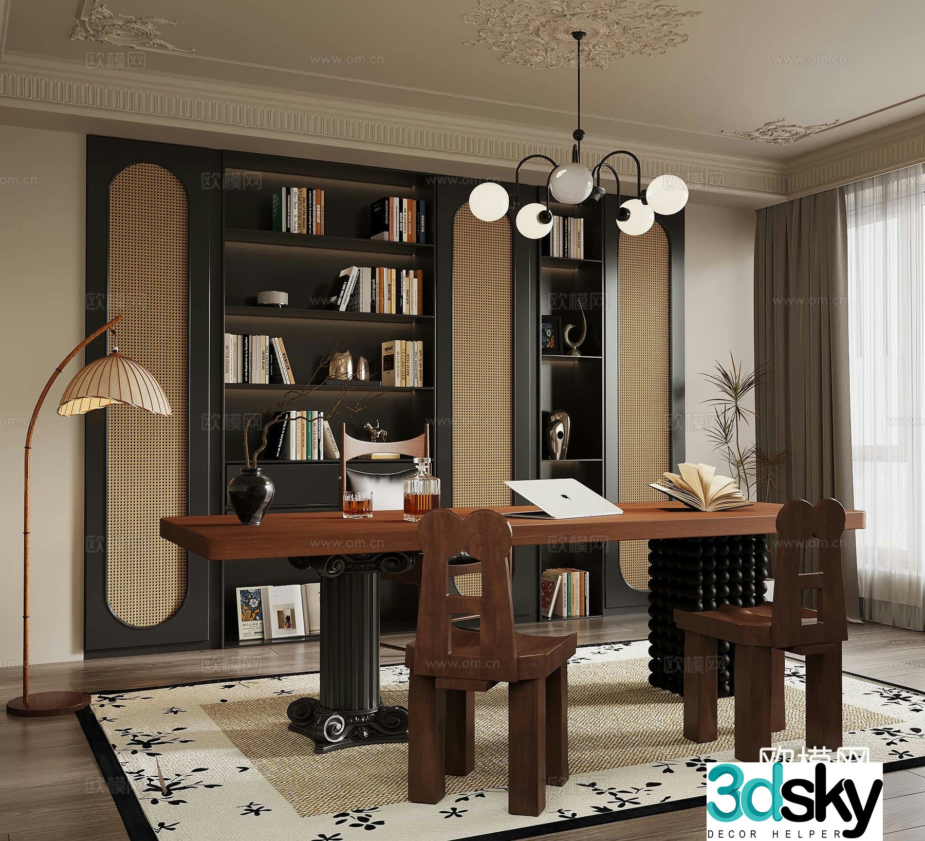 French retro style study bookcase desk chair 3d model