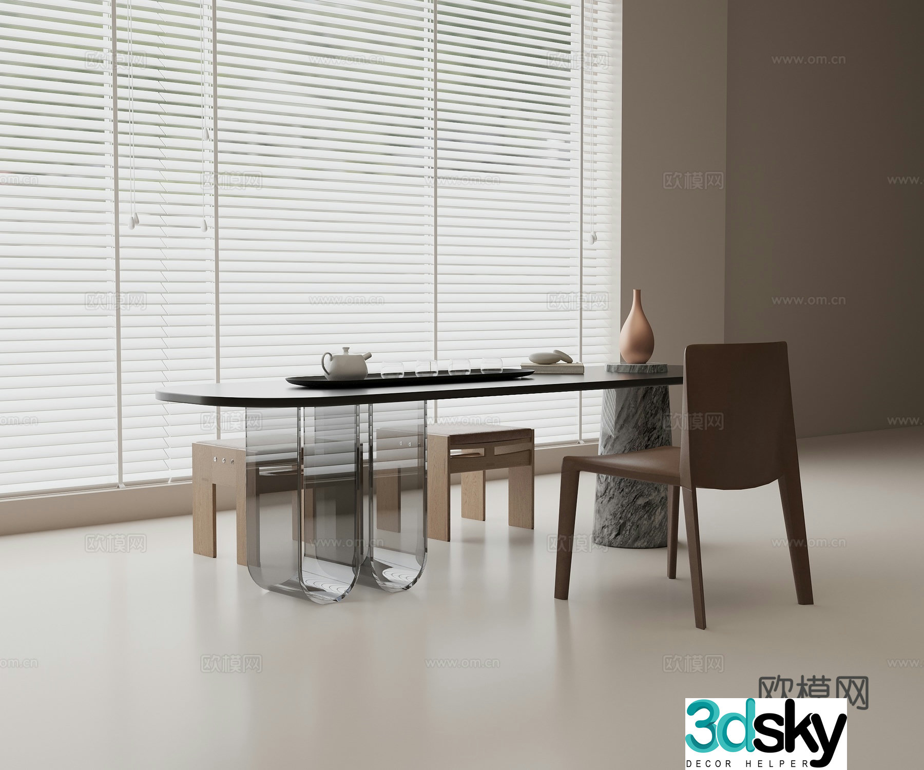Modern tea table leather single chair solid wood square stool acrylic table foot teapot and tea cup tea set combination 3D model
