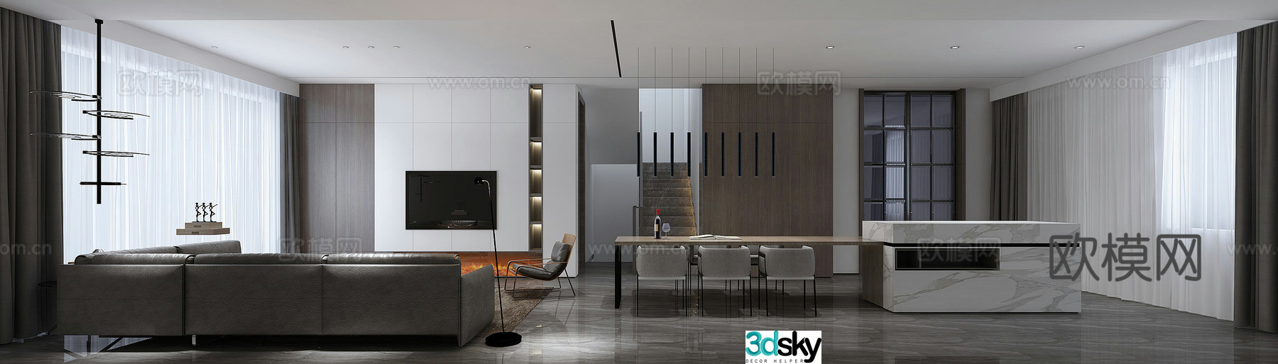 Modern minimalist living and dining room sofa West kitchen sliding door fireplace chandelier floor lamp leisure chair 3d model