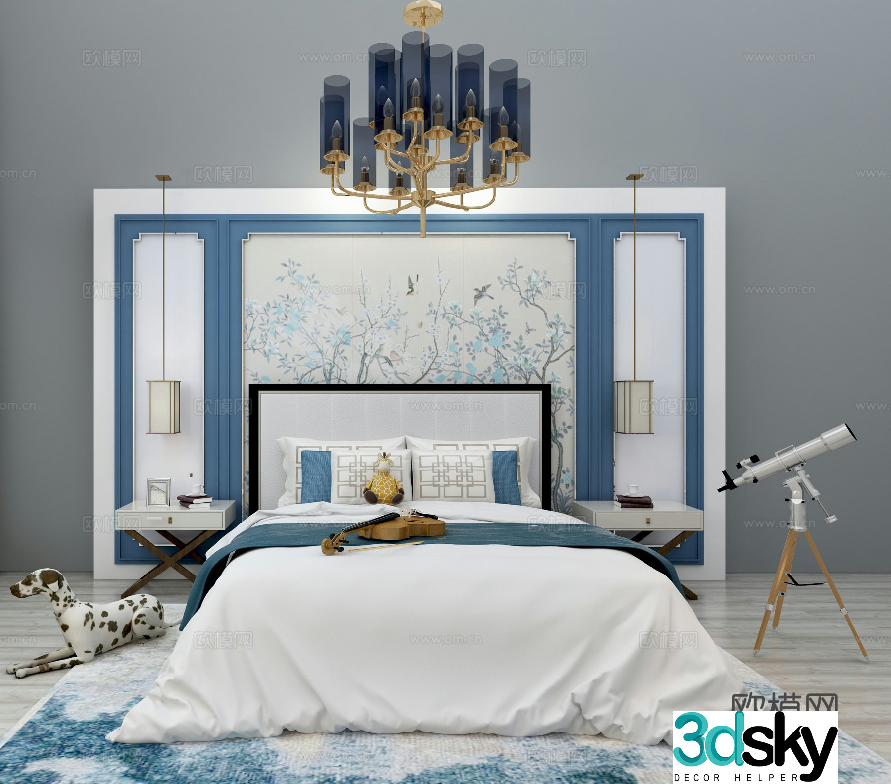 Modern background double bed bed modern simple double bed bed nightstand chandelier bed combination 3d model