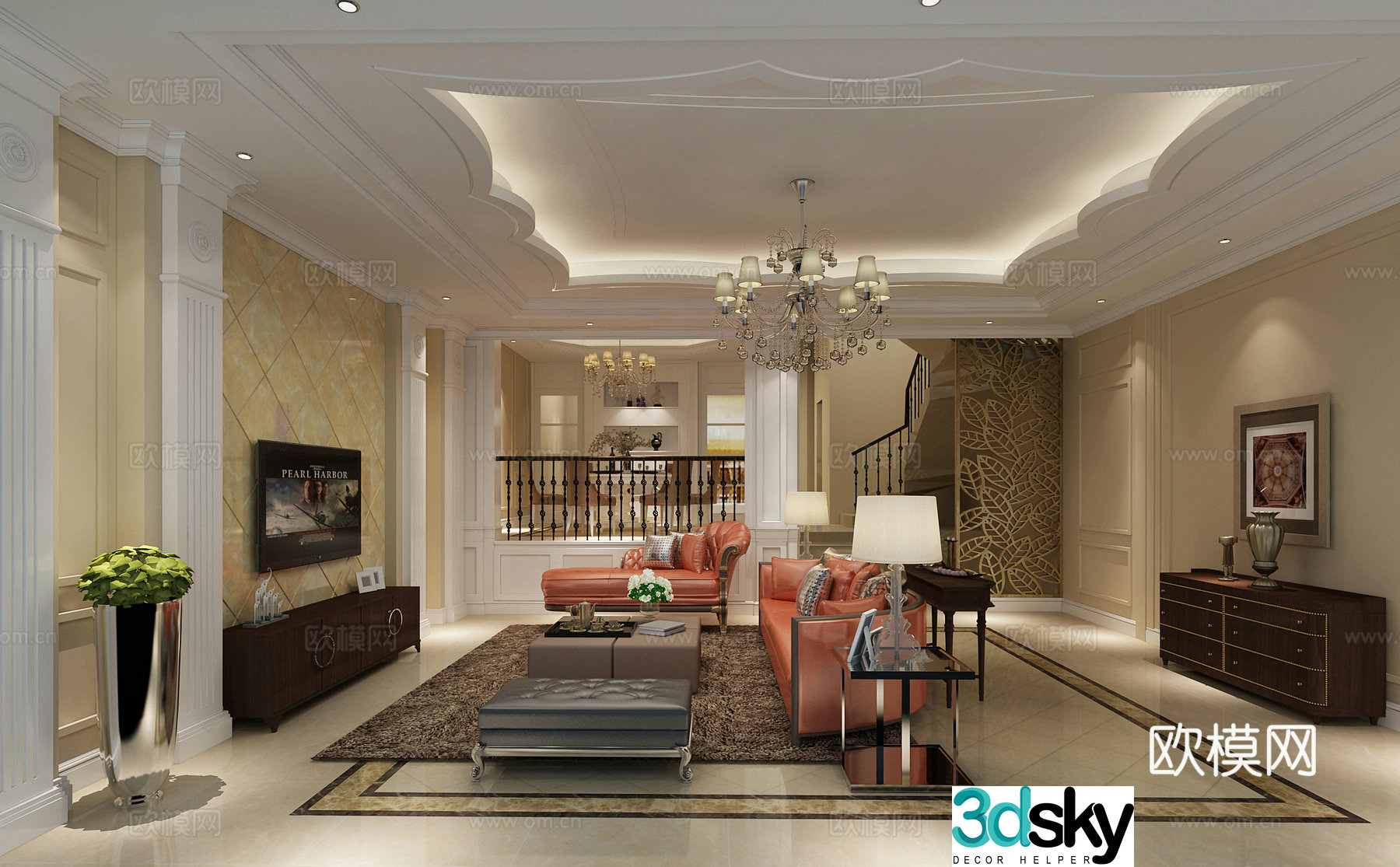European classical villa living and dining room sofa vase TV cabinet decorative cabinet chandelier 3d model