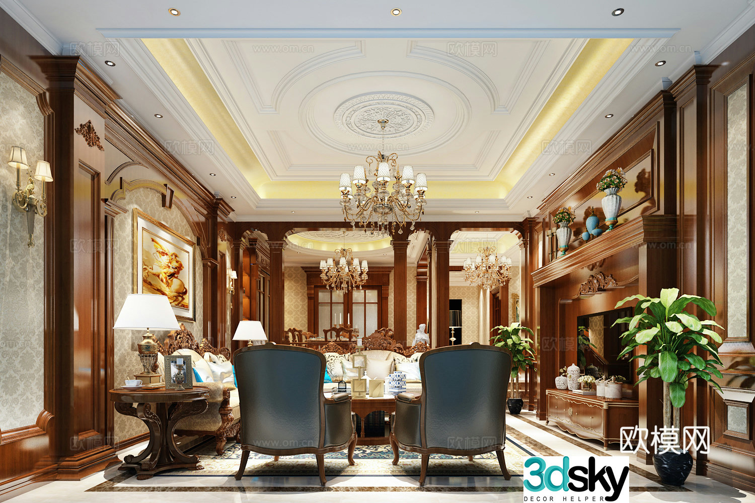 American luxury living and dining room 3D model