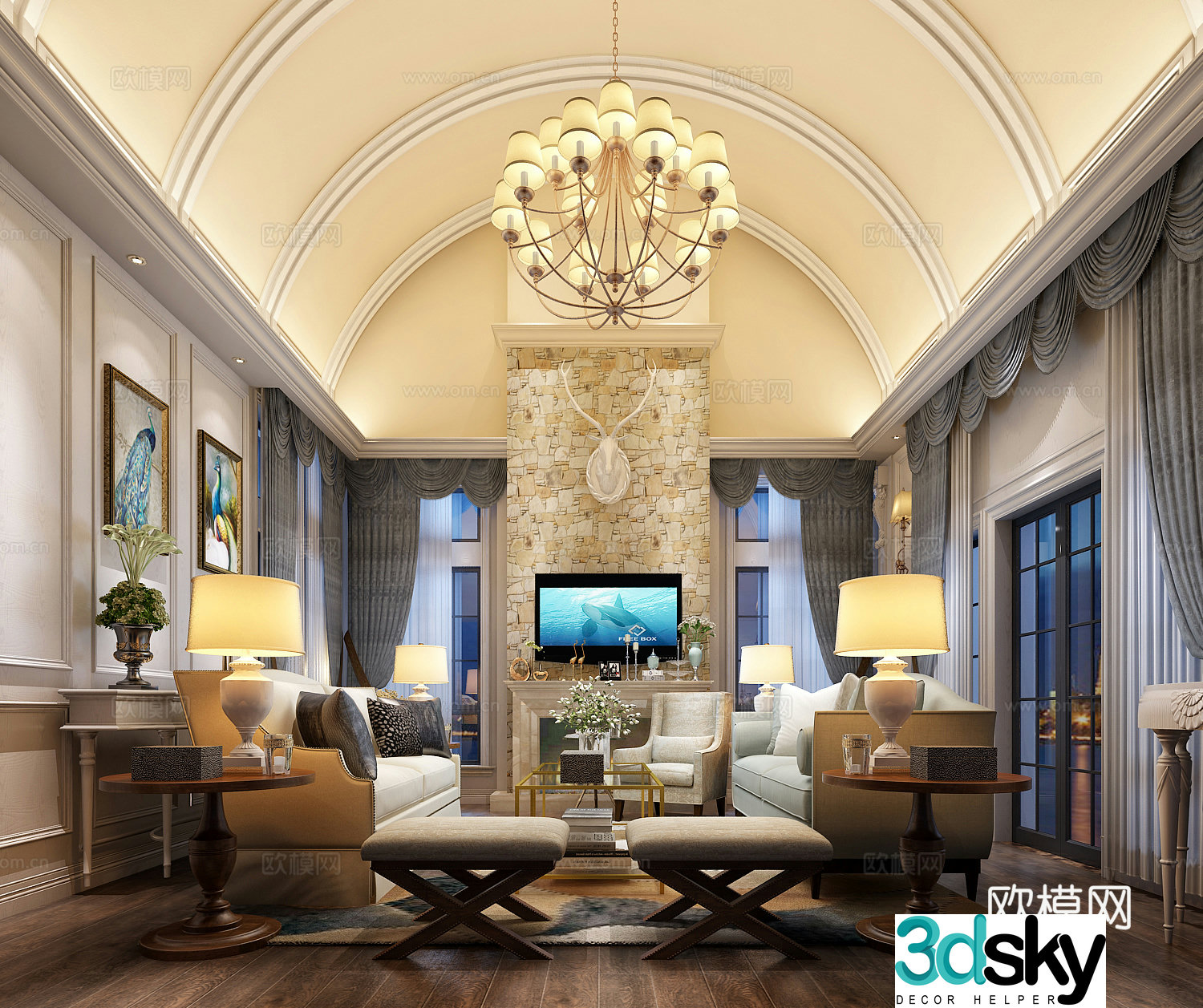 American vaulted roof living room 3d model