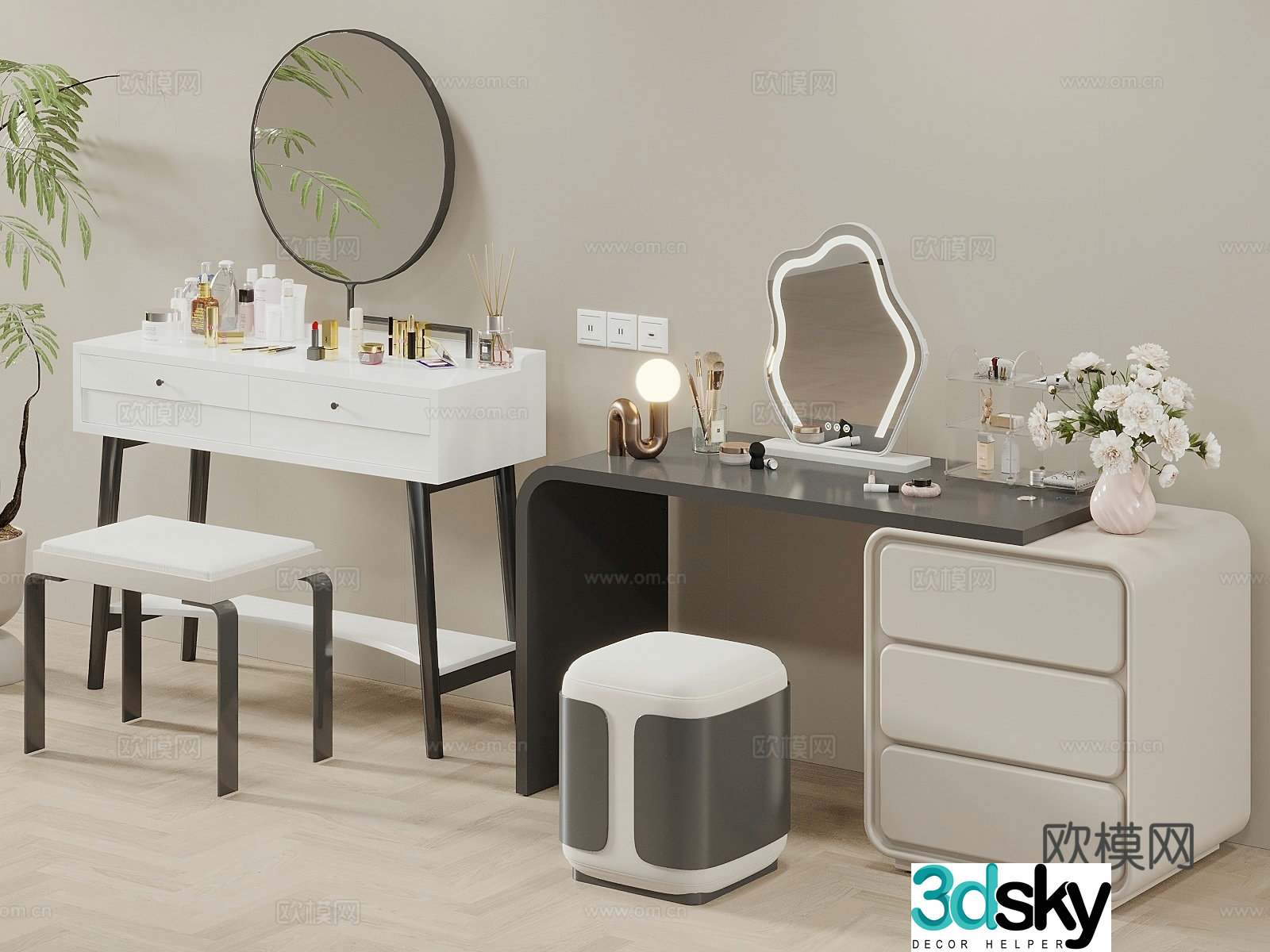 Modern cream style dressing table dressing table combination dressing stool cosmetics makeup mirror 3d model