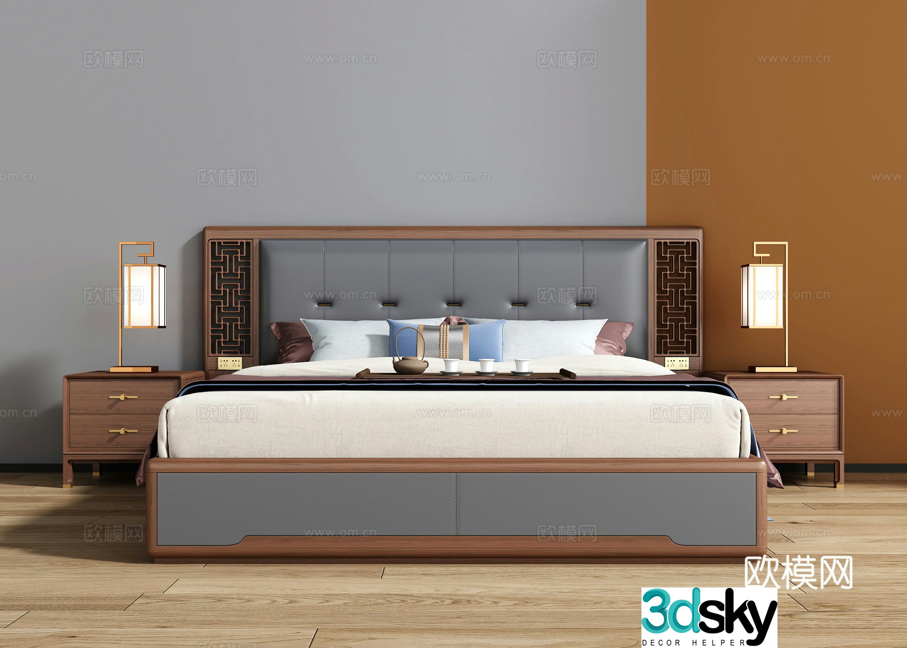 New Chinese style double bed 3D model
